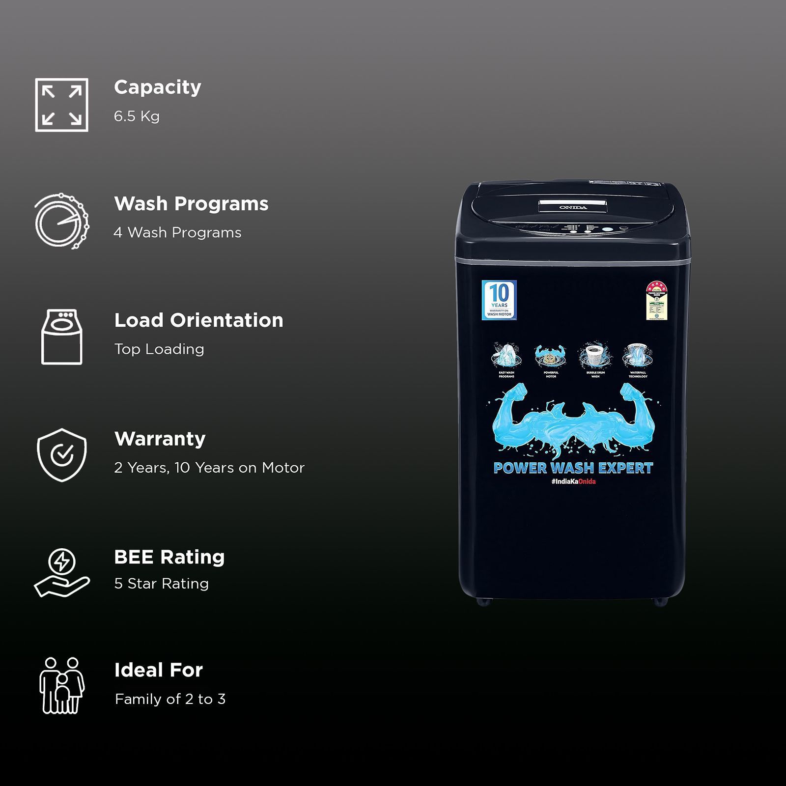 ONIDA 6.5 kg 5 Star Fully Automatic Top Load Washing Machine (T65CDN, Bubble Drum Technology, Black)_2