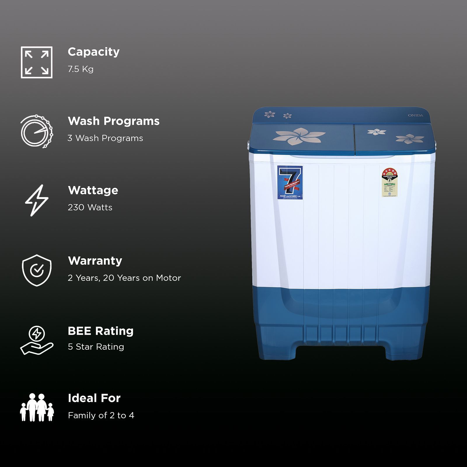 ONIDA 7.5 kg 5 Star Semi-Automatic Top Load Washing Machine (S75SCB, Tailored Wash, Blue)_2