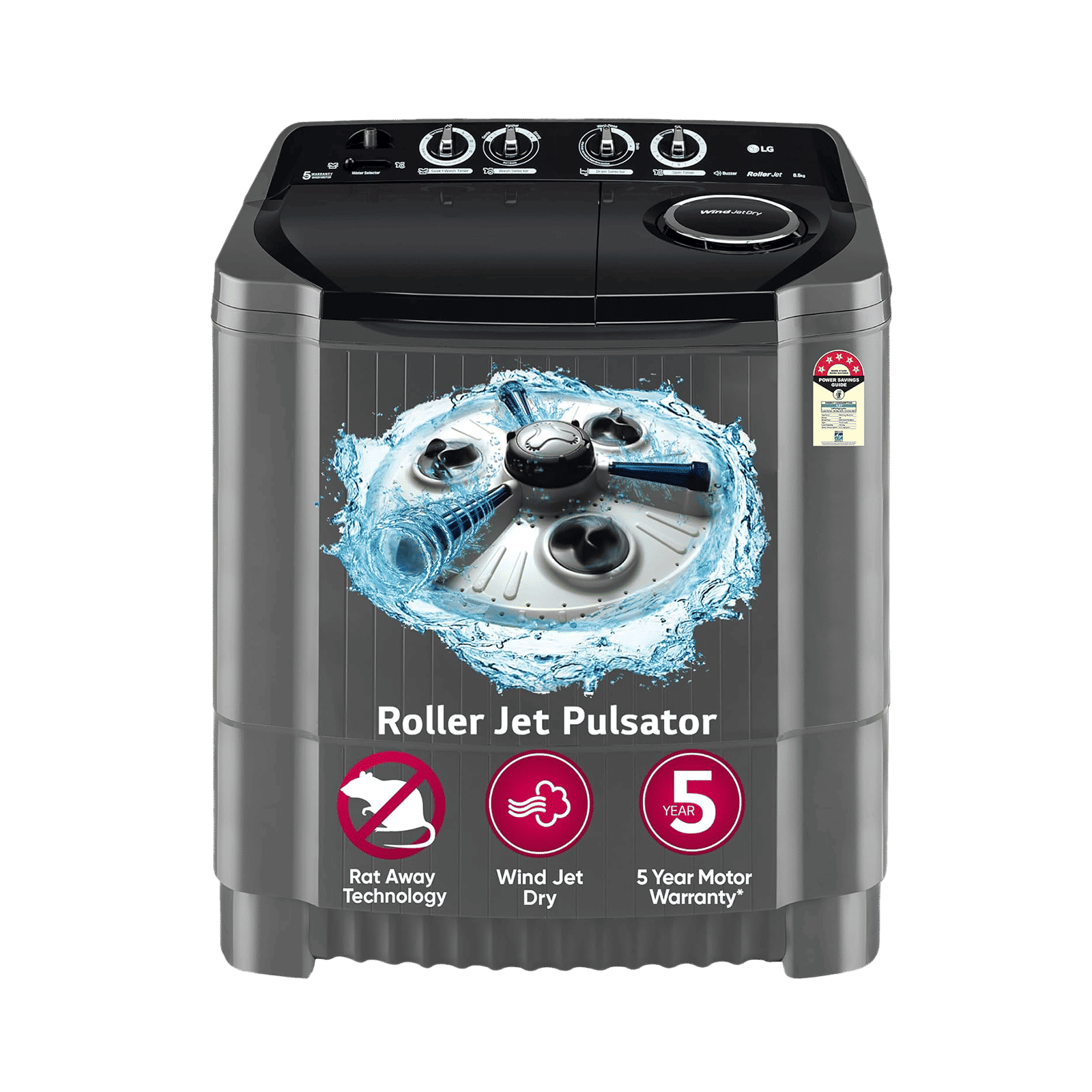 LG 8.5 kg 5 Star Semi Automatic Washing Machine with Roller Jet Pulsator (P8535SKMZ.ABMQEIL, Middle Black)_1