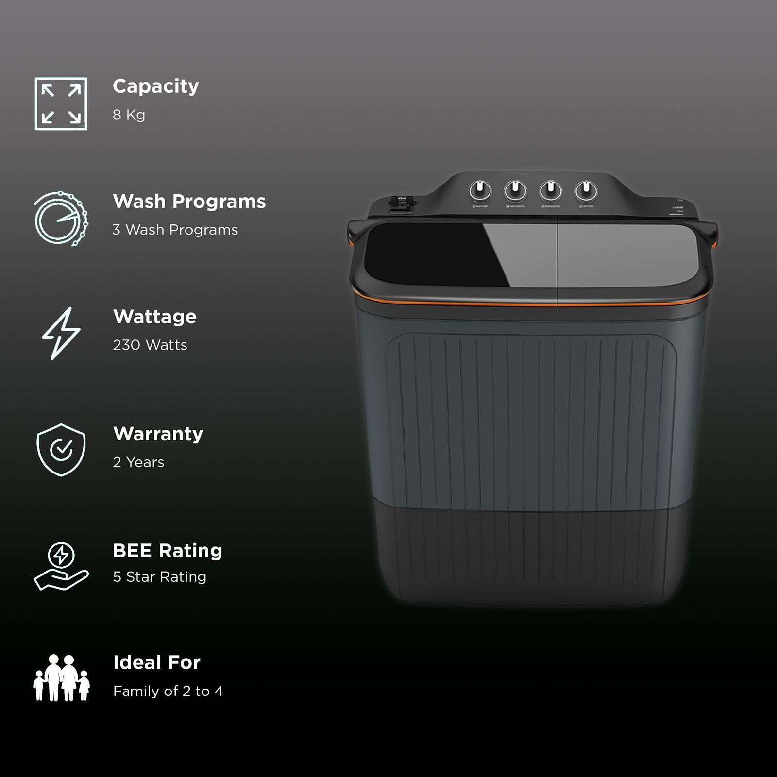 LLOYD 8 kg 5 Star Semi Automatic Washing Machine with 3 Wash Programs (GLWMS80AVGEL, Grey)_2