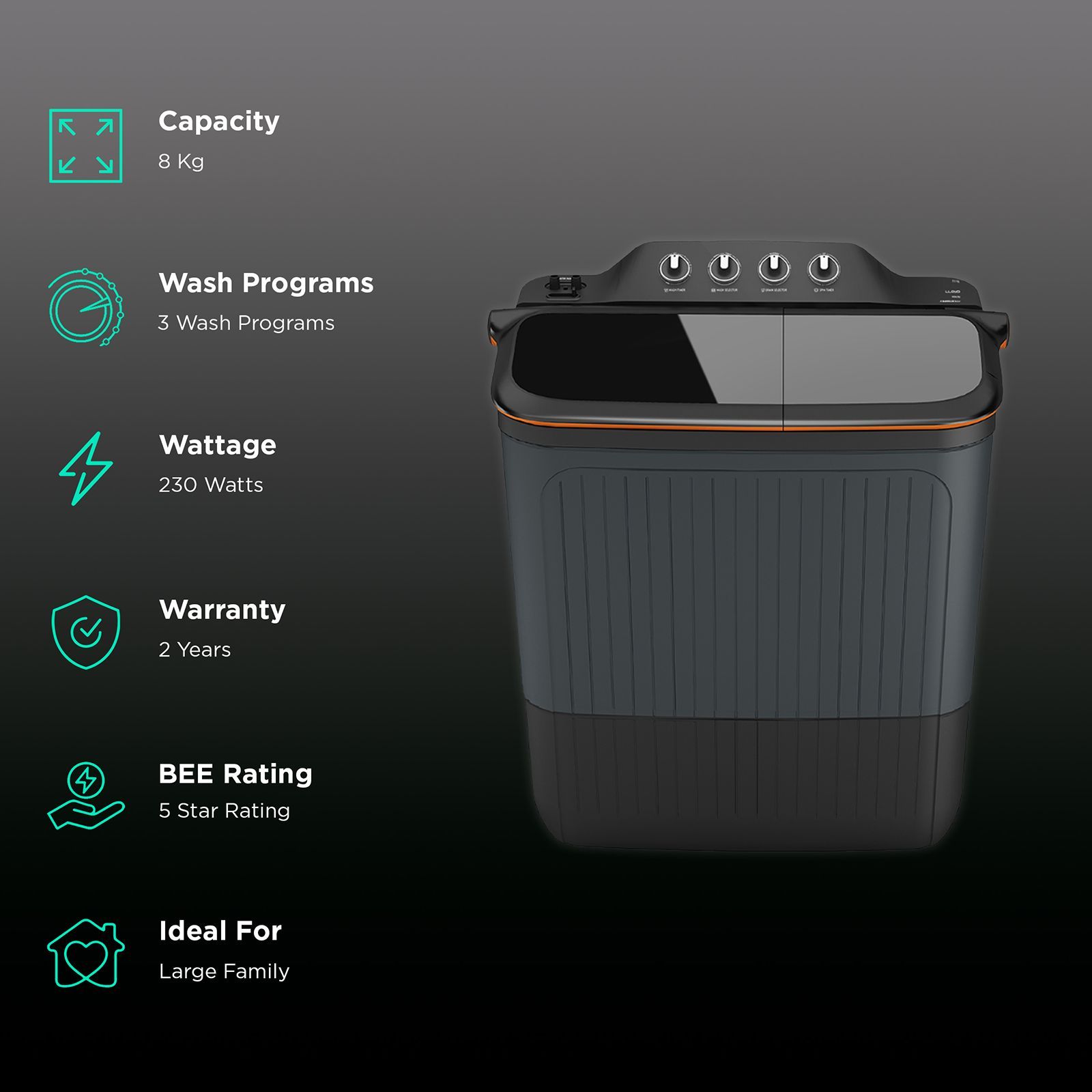 LLOYD 8 kg 5 Star Semi Automatic Washing Machine with 3 Wash Programs (GLWMS80AVGEL, Grey)_2