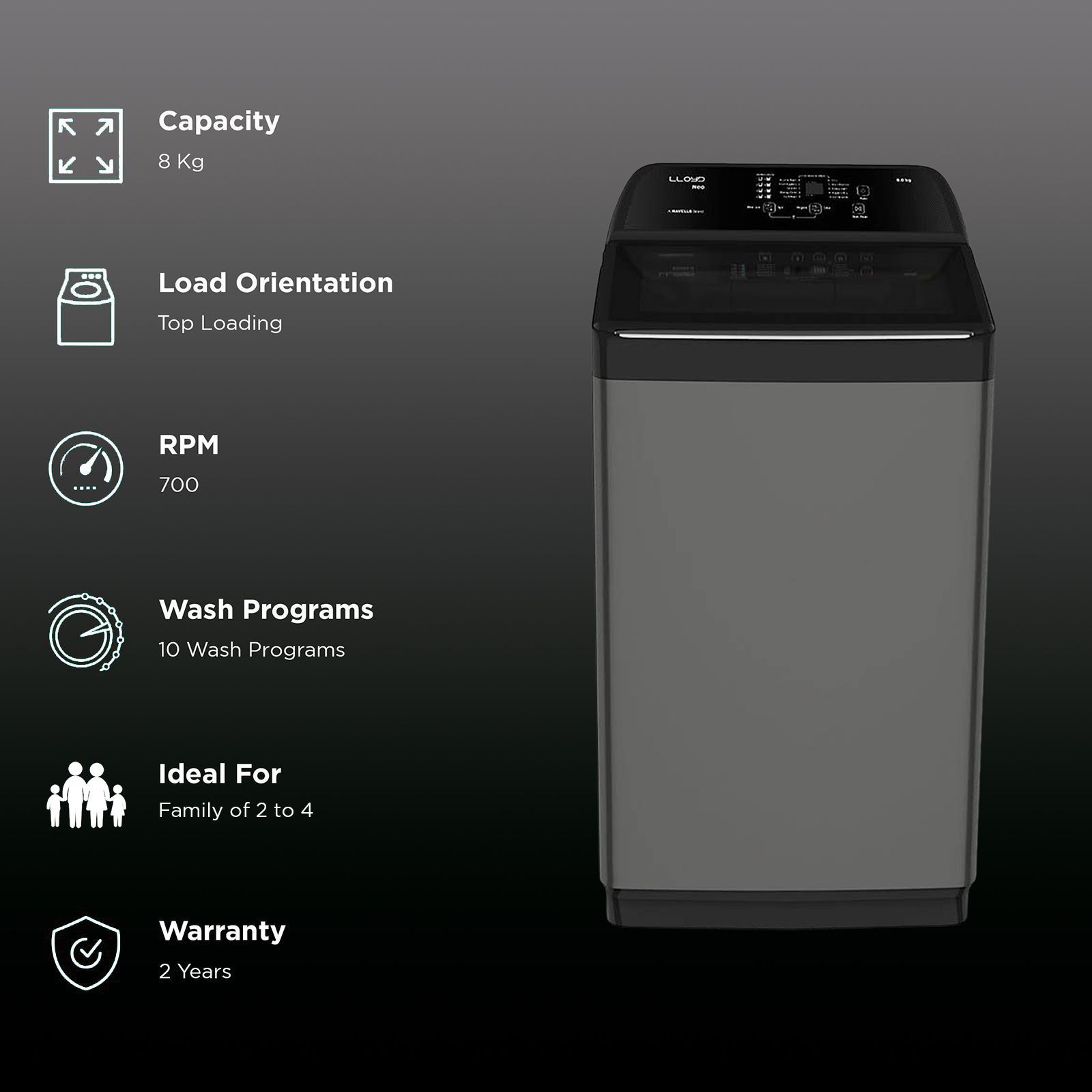 LLOYD 8 kg 5 Star Fully Automatic Top Load Washing Machine (NEO-H, GLWMT80GMBNH, In-built Heater, Mid Black and Black With Chrome)_2