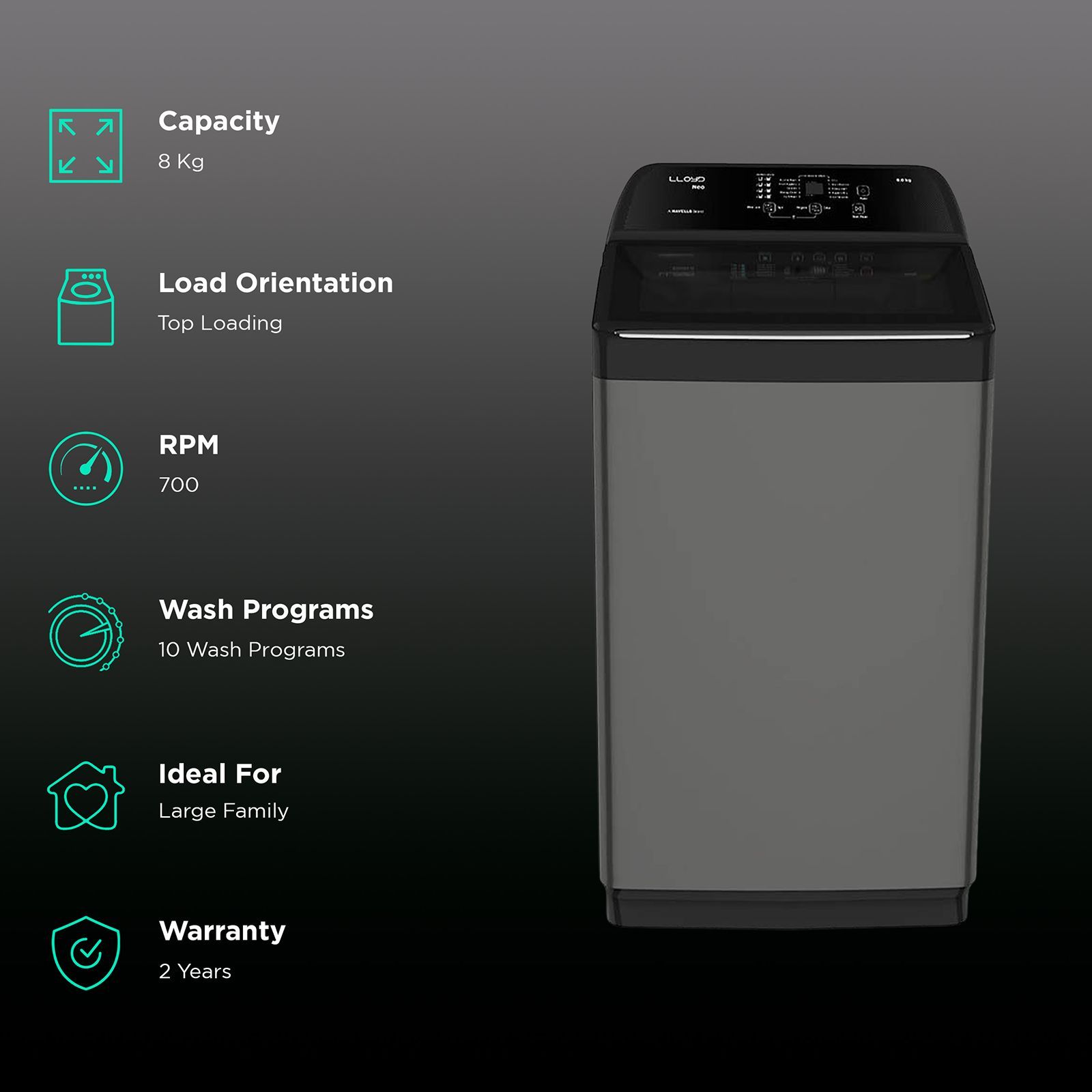 LLOYD 8 kg 5 Star Fully Automatic Top Load Washing Machine (NEO-H, GLWMT80GMBNH, In-built Heater, Mid Black and Black With Chrome)_2