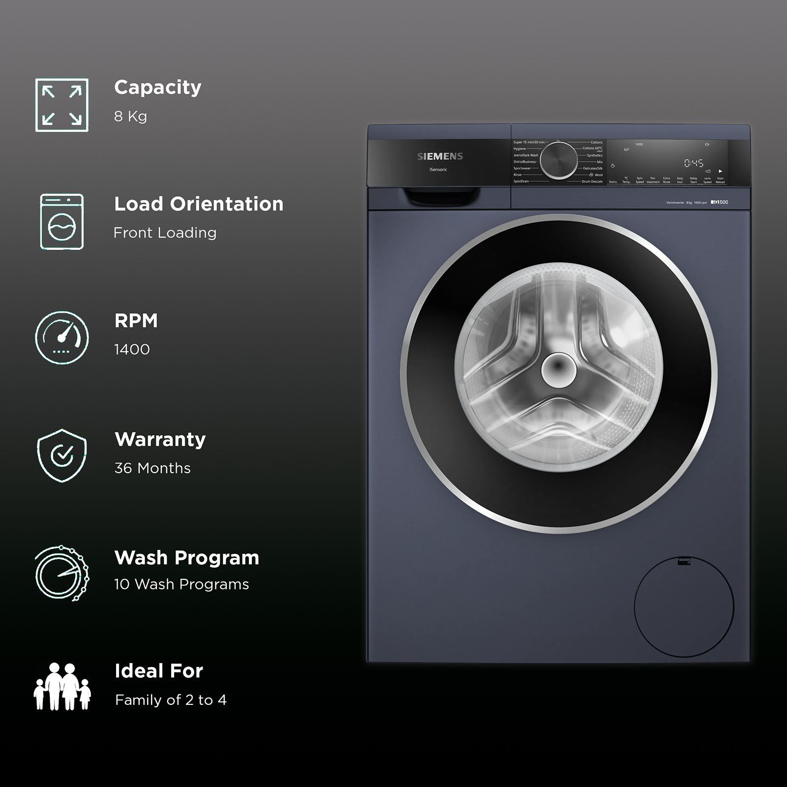 SIEMENS 8 kg Fully Automatic Front Load Washing Machine (iQ500, WG34A20PIN, WaveDrum, Dark Lake)_2