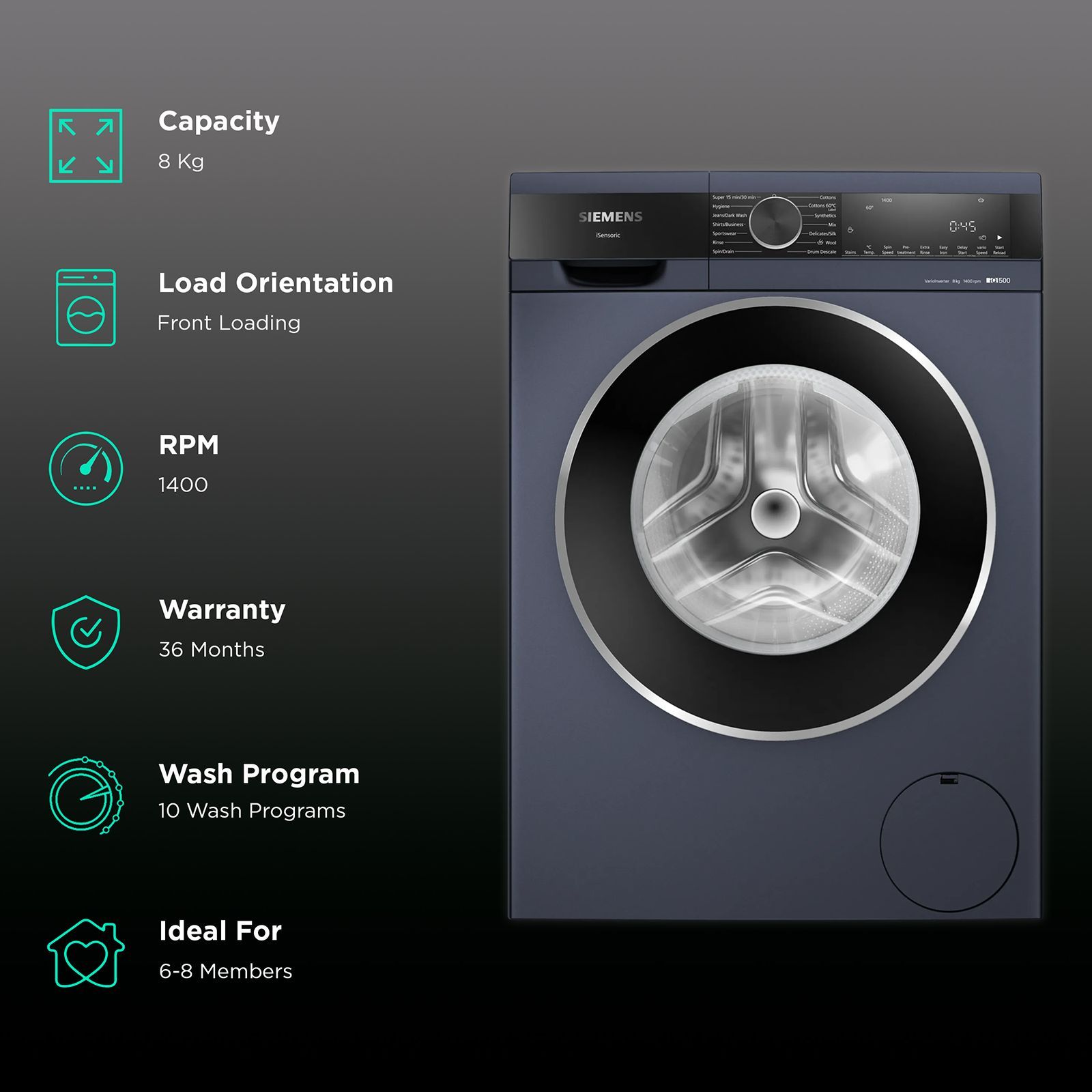 SIEMENS 8 kg Fully Automatic Front Load Washing Machine (iQ500, WG34A20PIN, WaveDrum, Dark Lake)_2