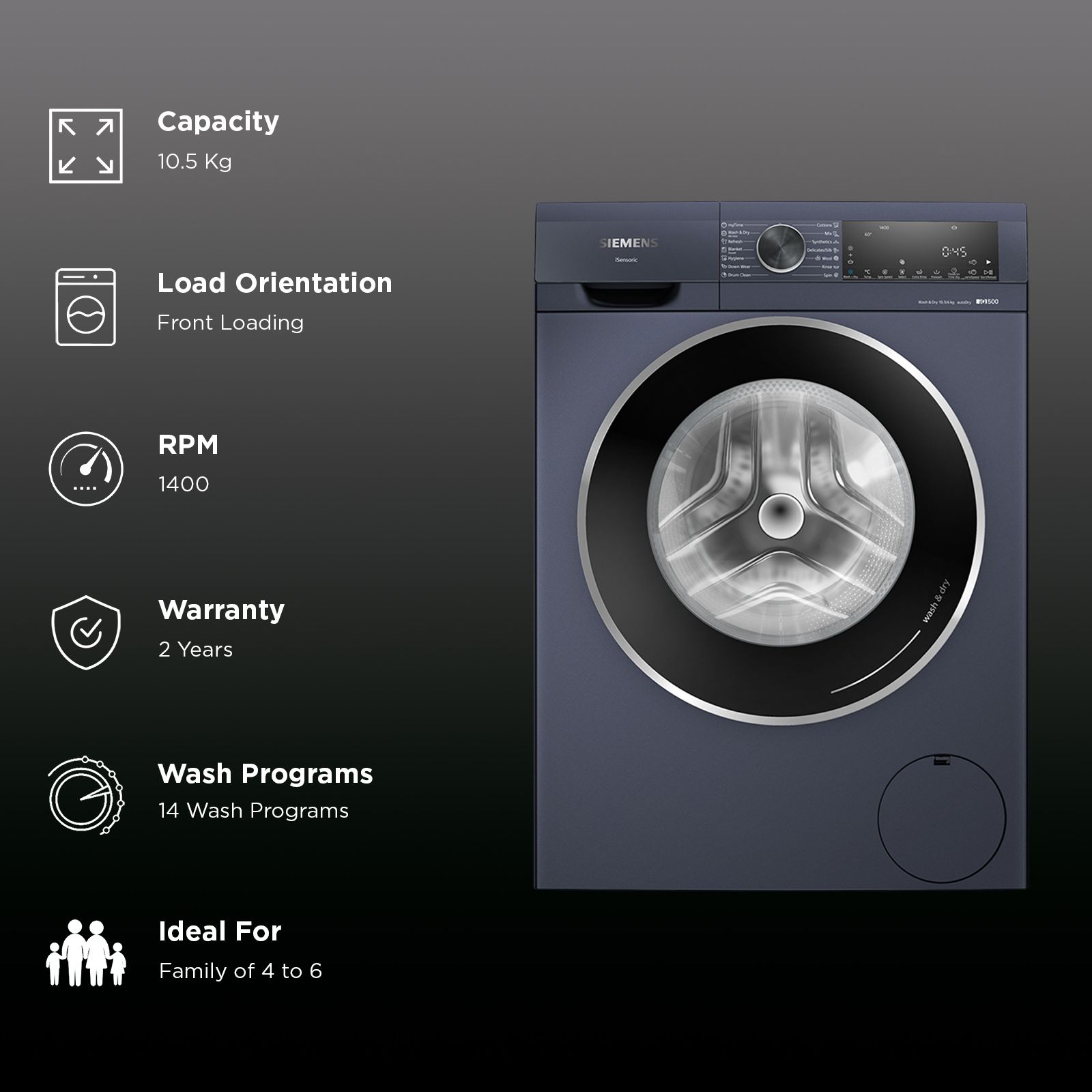 SIEMENS 10.5 kg/6 kg Fully Automatic Front Load Washer Dryer Combo (Multiple Water Protection, WNE4A2UPIN, Dark Blue)_2