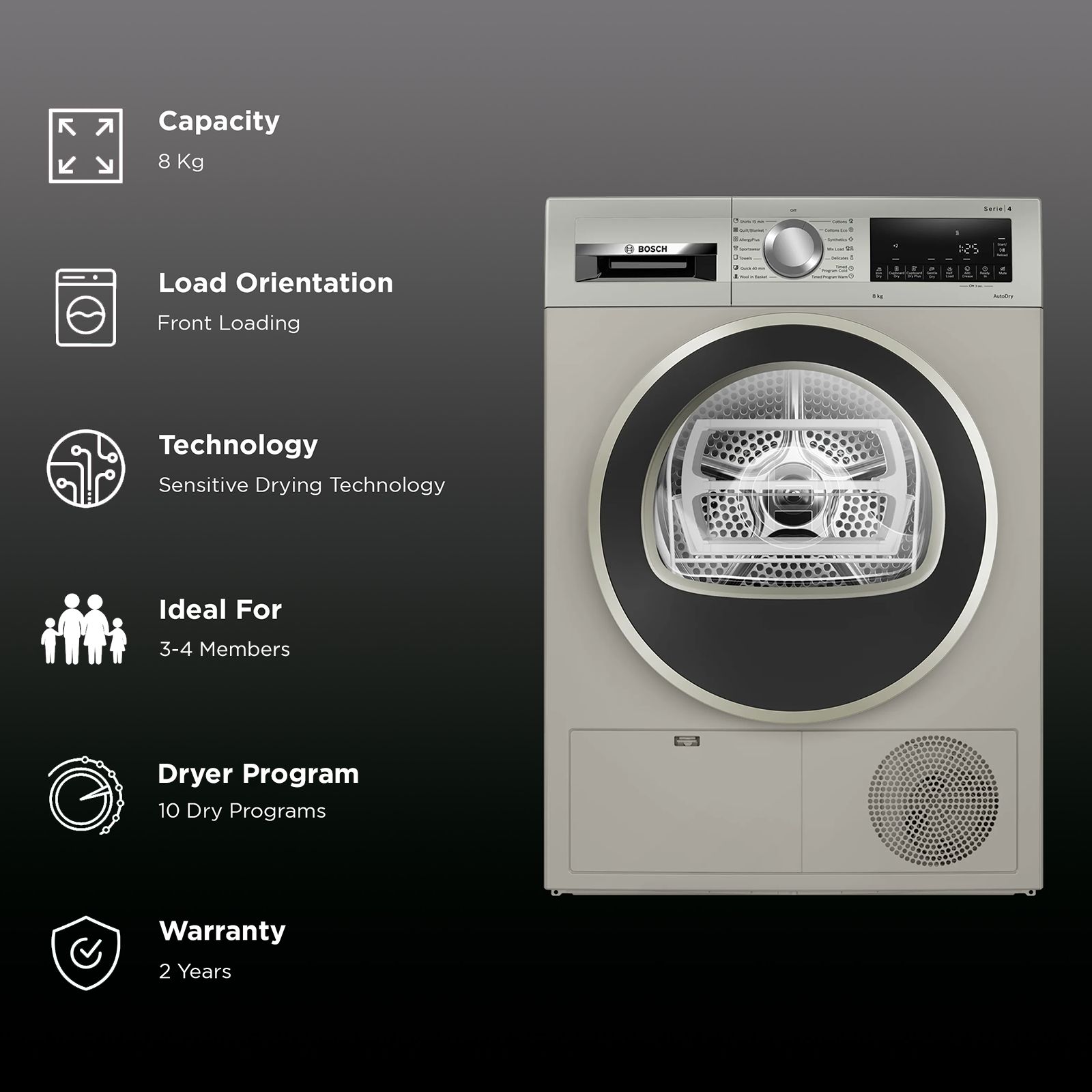 BOSCH 8 kg Fully Automatic Front Load Dryer (Series 4, WPG23108IN, LED Display, Silver Inox) BOSCH 8 kg Fully Automatic Front Load Dryer (Series 4, WPG23108IN, LED Display, Silver Inox)_2