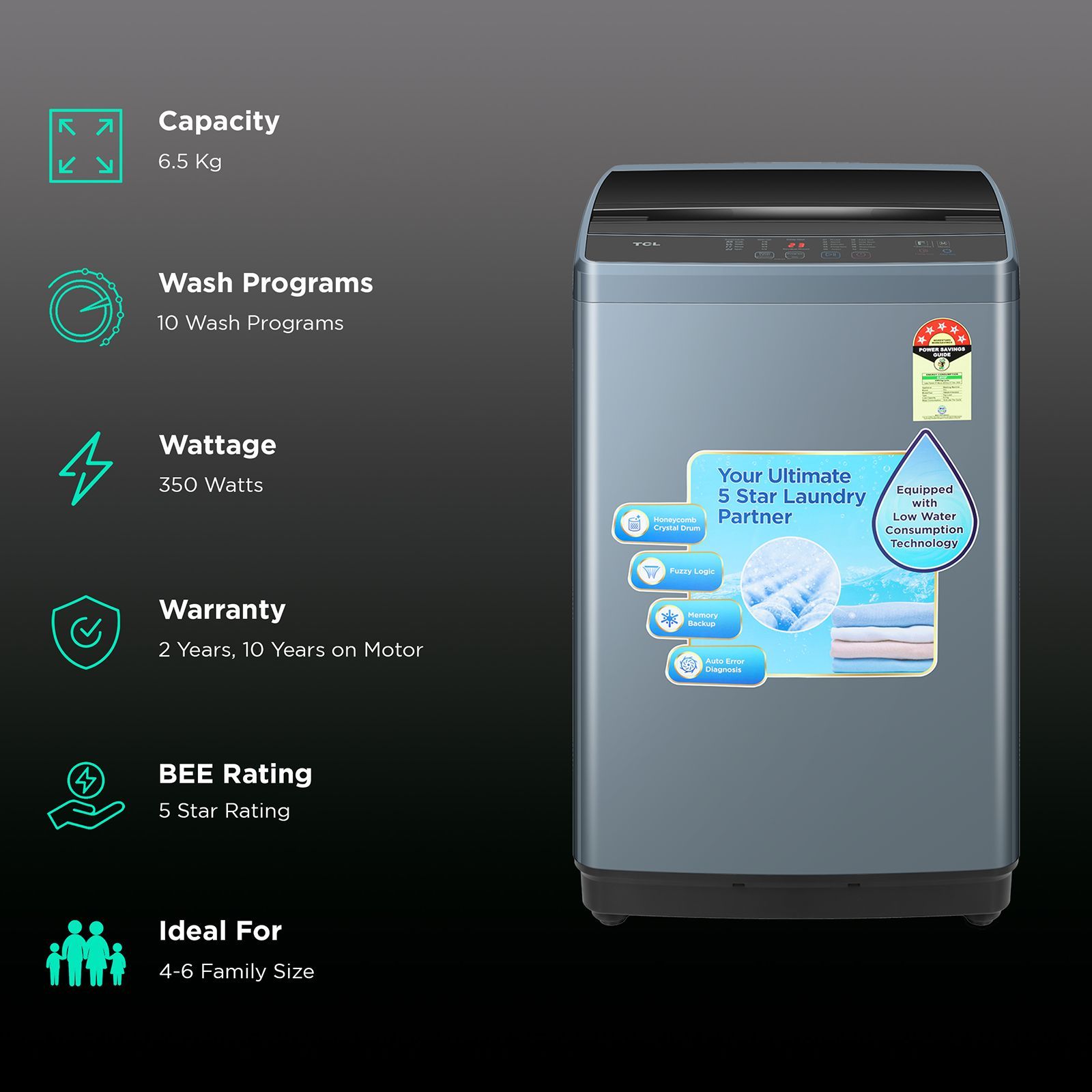 TCL 6.5 kg 5 Star Fully Automatic Top Load Washing Machine (F103, F3065TLG, Water Blow Pulsator, Dark Grey)_2