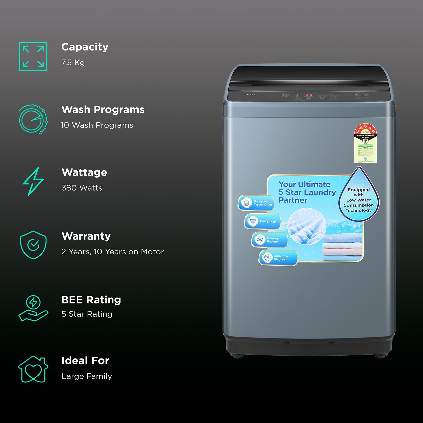 TCL 7.5 kg 5 Star Fully Automatic Top Load Washing Machine (F103, F3075TLG, Water Blow Pulsator, Dark Grey) TCL 7.5 kg 5 Star Fully Automatic Top Load Washing Machine (F103, F3075TLG, Water Blow Pulsator, Dark Grey)_2