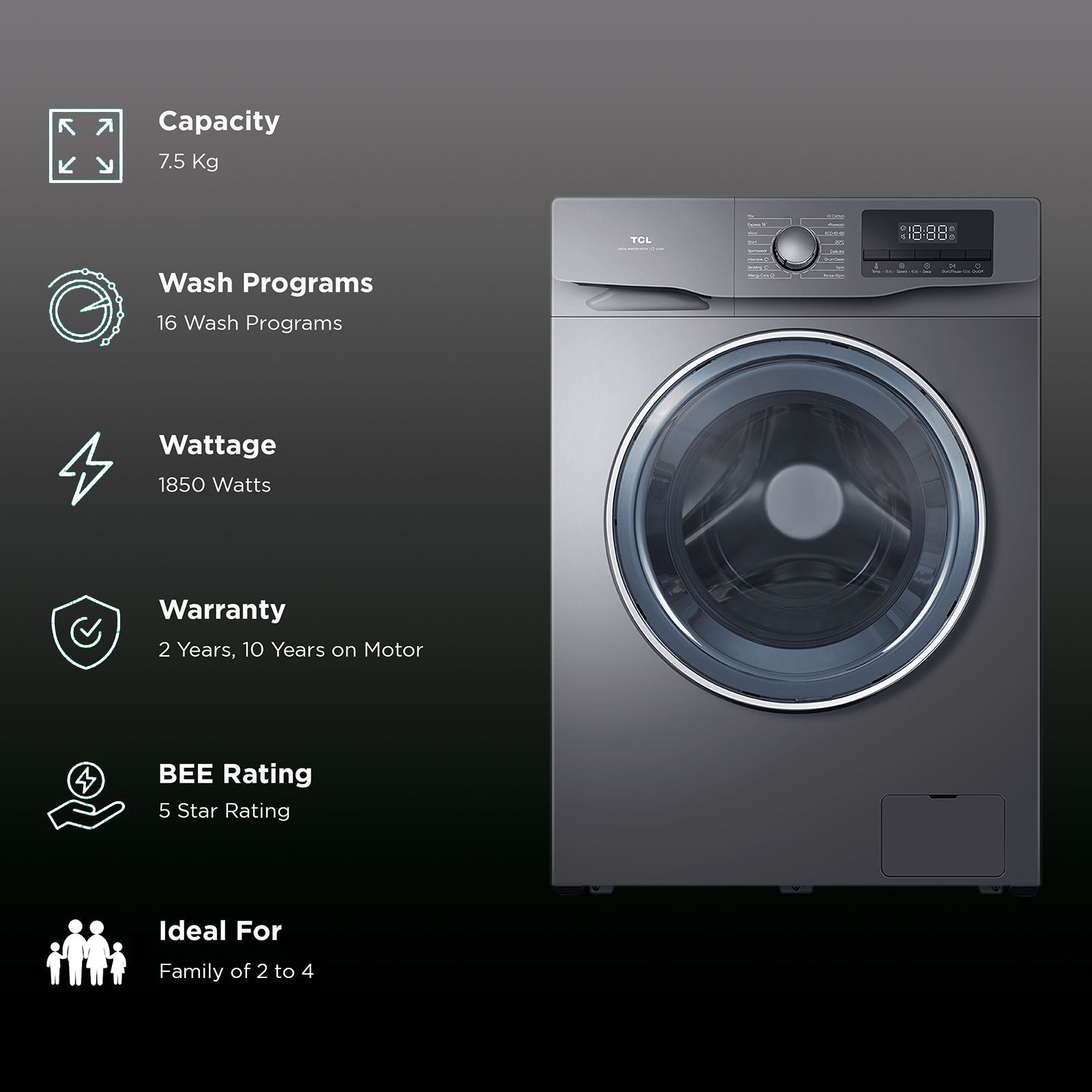 TCL 7.5 kg 5 Star Fully Automatic Front Load Washing Machine (P061, P6075FLS, BLDC Inverter Motor, Dark Silver)_2