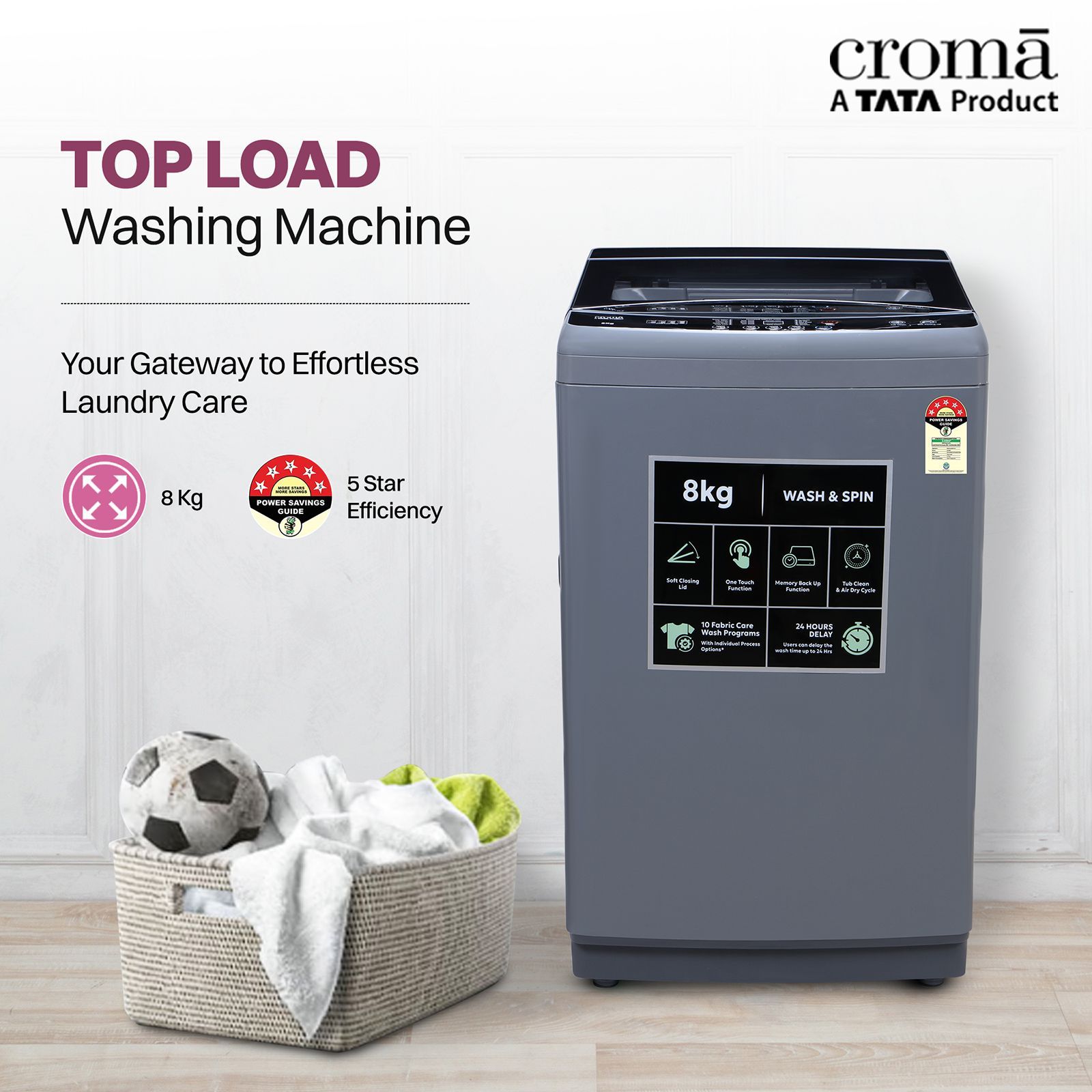 Croma 8 kg 5 Star Fully Automatic Top Load Washing Machine (CRLW080FAF264505, Pulsator Wash Technology, Inox Grey)_12