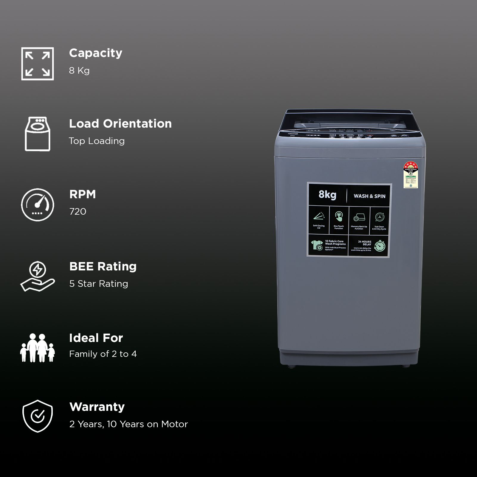Croma 8 kg 5 Star Fully Automatic Top Load Washing Machine (CRLW080FAF264505, Pulsator Wash Technology, Inox Grey)_2