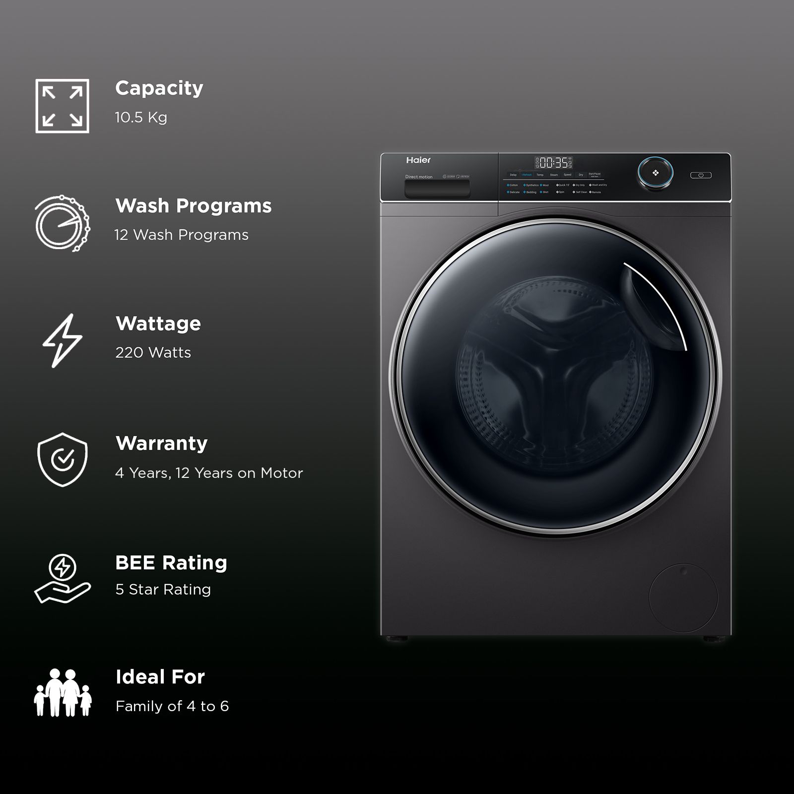 Haier 10.5/7 kg 5 Star Fully Automatic Front Load Washer Dryer(HWD105-B14959S8U1, Direct Motion Motor, Dark Jade Silver)_2