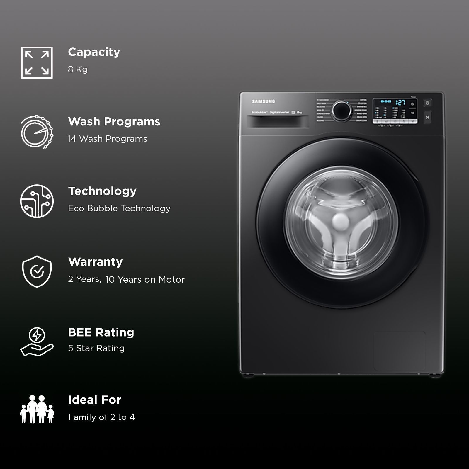 SAMSUNG 8 kg 5 Star Inverter Fully Automatic Front Load Washing Machine (WW80TA046AB1TL, Hygiene Steam, Diamond Drum, Black)_2