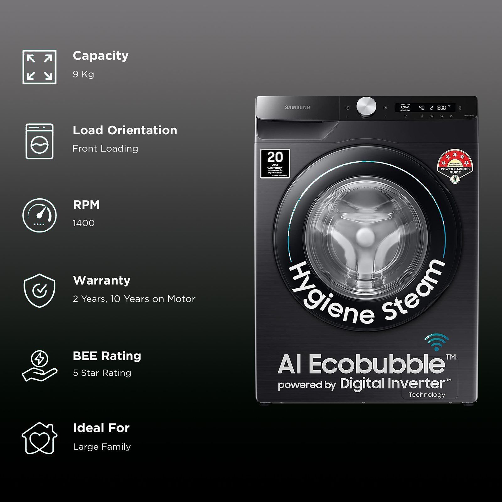 SAMSUNG 9 kg 5 Star Inverter Fully Automatic Front Load Washing Machine (WW90T504DAB1TL, Eco Bubble Technology, Black Caviar)_2
