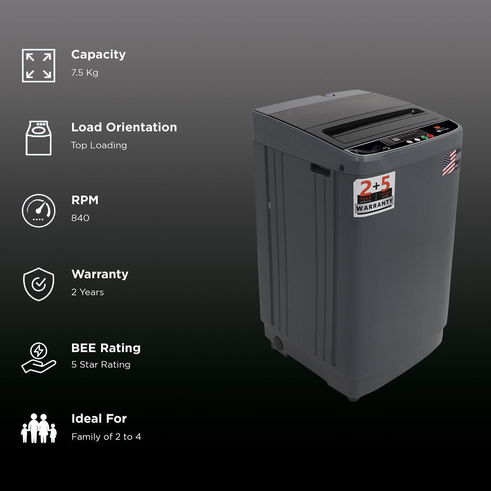 White Westinghouse 7.5 kg 5 Star Fully Automatic Top Load Washing Machine (HDT7500S, Water Reserve Technology, Grey)_2