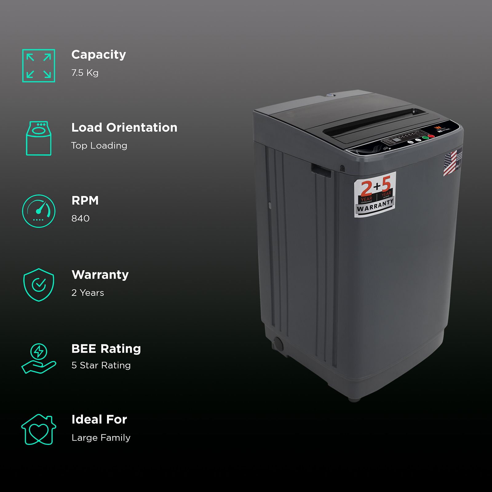 White Westinghouse 7.5 kg 5 Star Fully Automatic Top Load Washing Machine (HDT7500S, Water Reserve Technology, Grey)_2