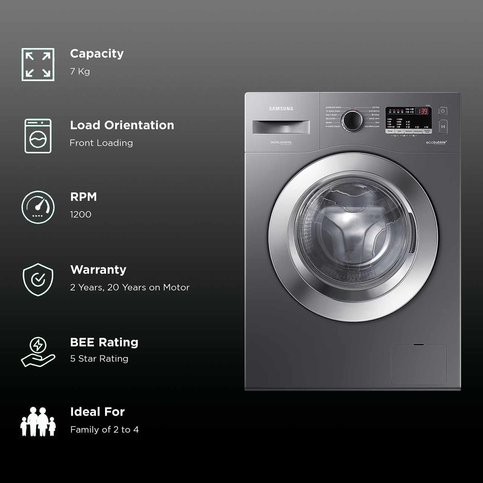 SAMSUNG 7 kg 5 Star Inverter Fully Automatic Front Load Washing Machine (WW70R22EK0X/TL, Eco Bubble Technology, Inox Grey)_2
