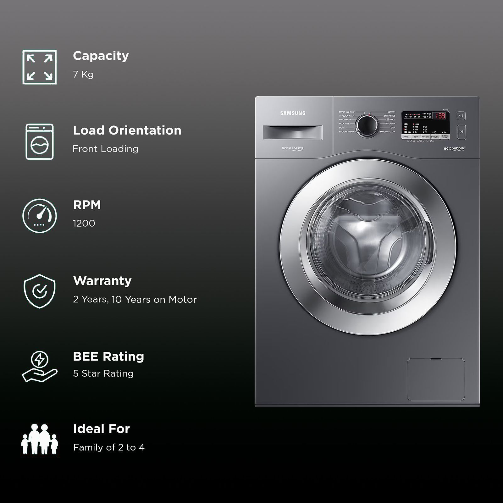 SAMSUNG 7 kg 5 Star Inverter Fully Automatic Front Load Washing Machine (WW70R22EK0X/TL, Eco Bubble Technology, Inox Grey)_2