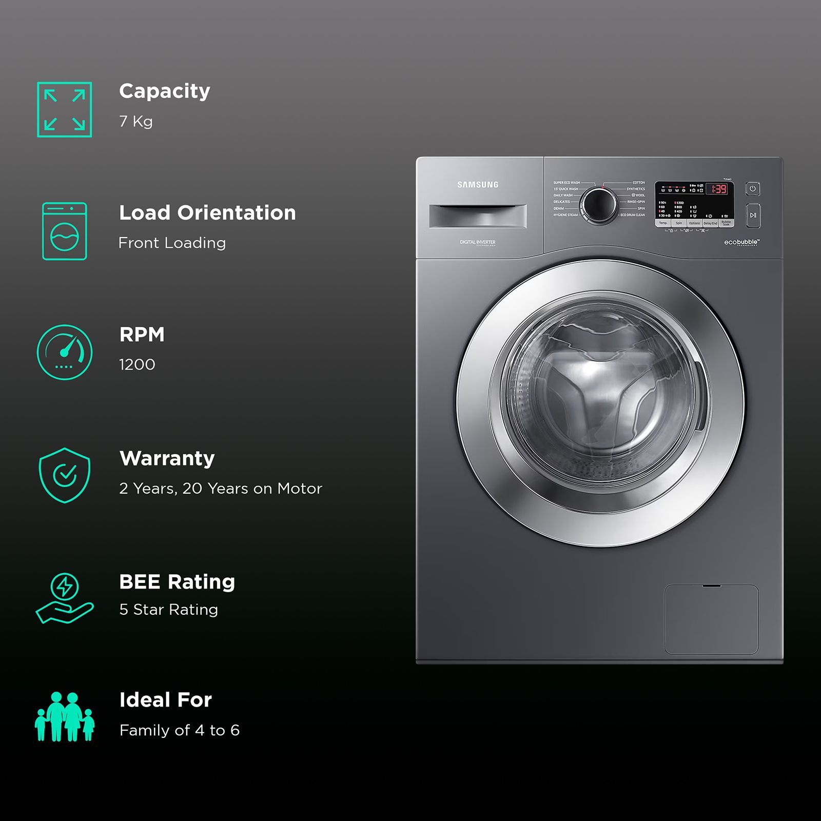 SAMSUNG 7 kg 5 Star Inverter Fully Automatic Front Load Washing Machine (WW70R22EK0X/TL, Eco Bubble Technology, Inox Grey) SAMSUNG 7 kg 5 Star Inverter Fully Automatic Front Load Washing Machine (WW70R22EK0X/TL, Eco Bubble Technology, Inox Grey)_2