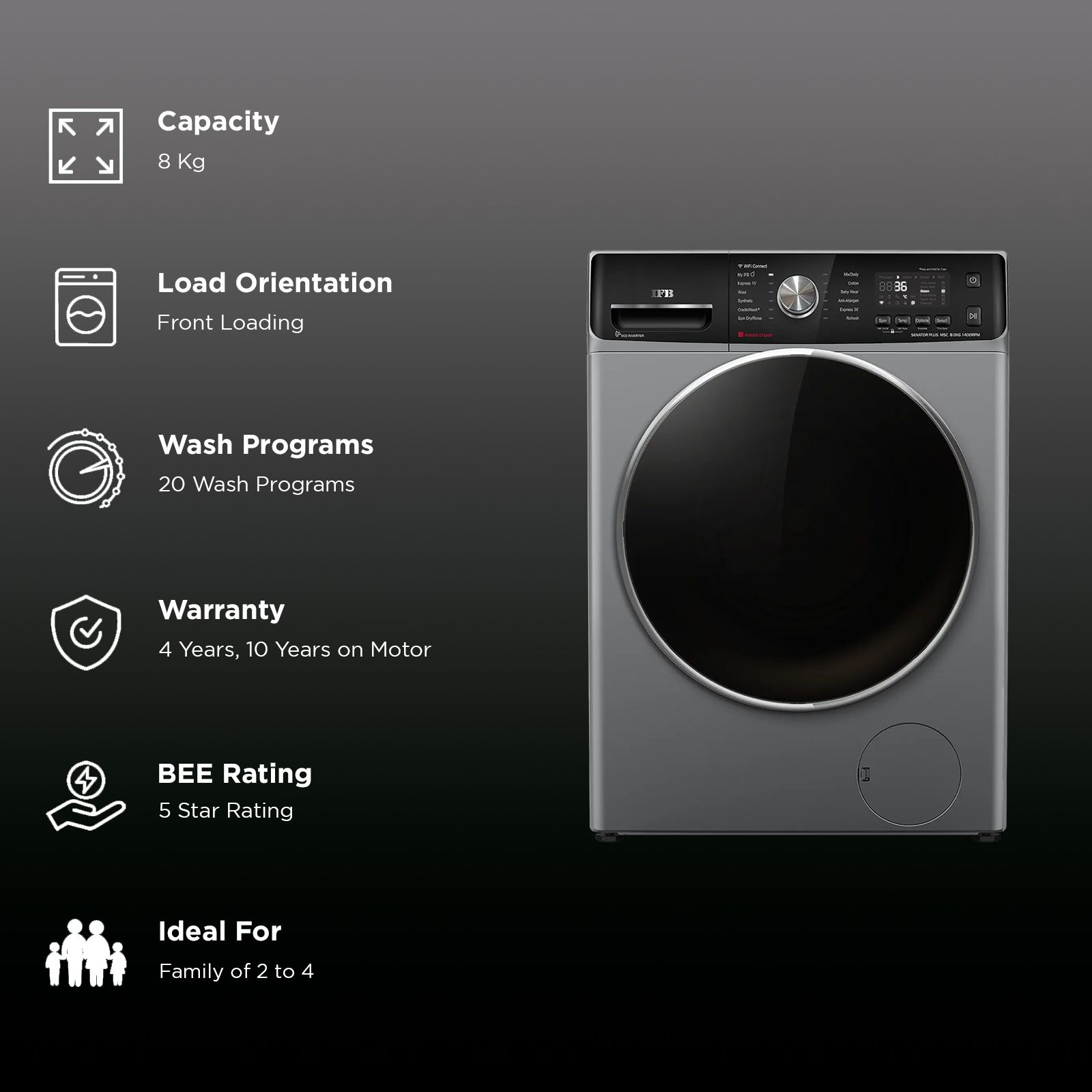 IFB 8 kg 5 Star Inverter Fully Automatic Front Load Washing Machine (Senator Plus MSC 8014, Eco Inverter Motor, Metallic Silver)_2