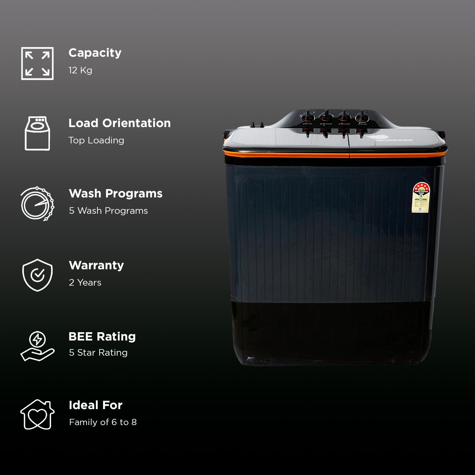 LLOYD 12 kg 5 Star Semi Automatic Washing Machine with Electro-Mechanical Wash Timer (Elante Pluss, GLWS125EPHVG, Dark Grey)_3