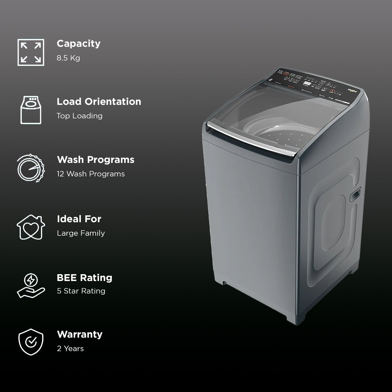 Whirlpool 8.5 kg 5 Star Fully Automatic Top Load Washing Machine (Stainwash Pro Plus, 31639, In-built Heater, Midnight Grey)_2
