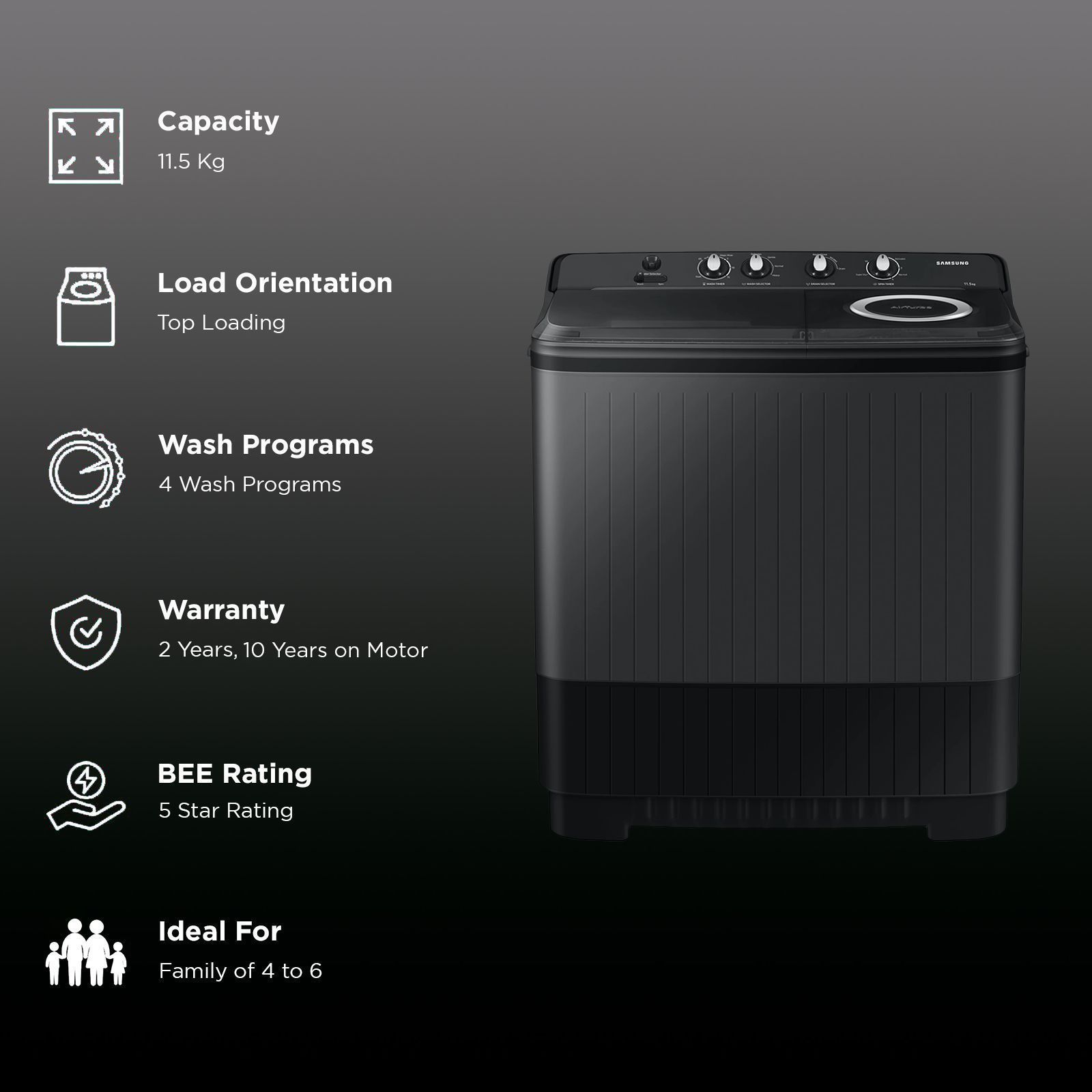 SAMSUNG 11.5 kg 5 Star Semi Automatic Washing Machine with Hexa Storm Pulsator (WT11A4260GD/TL, Dark Grey)_2