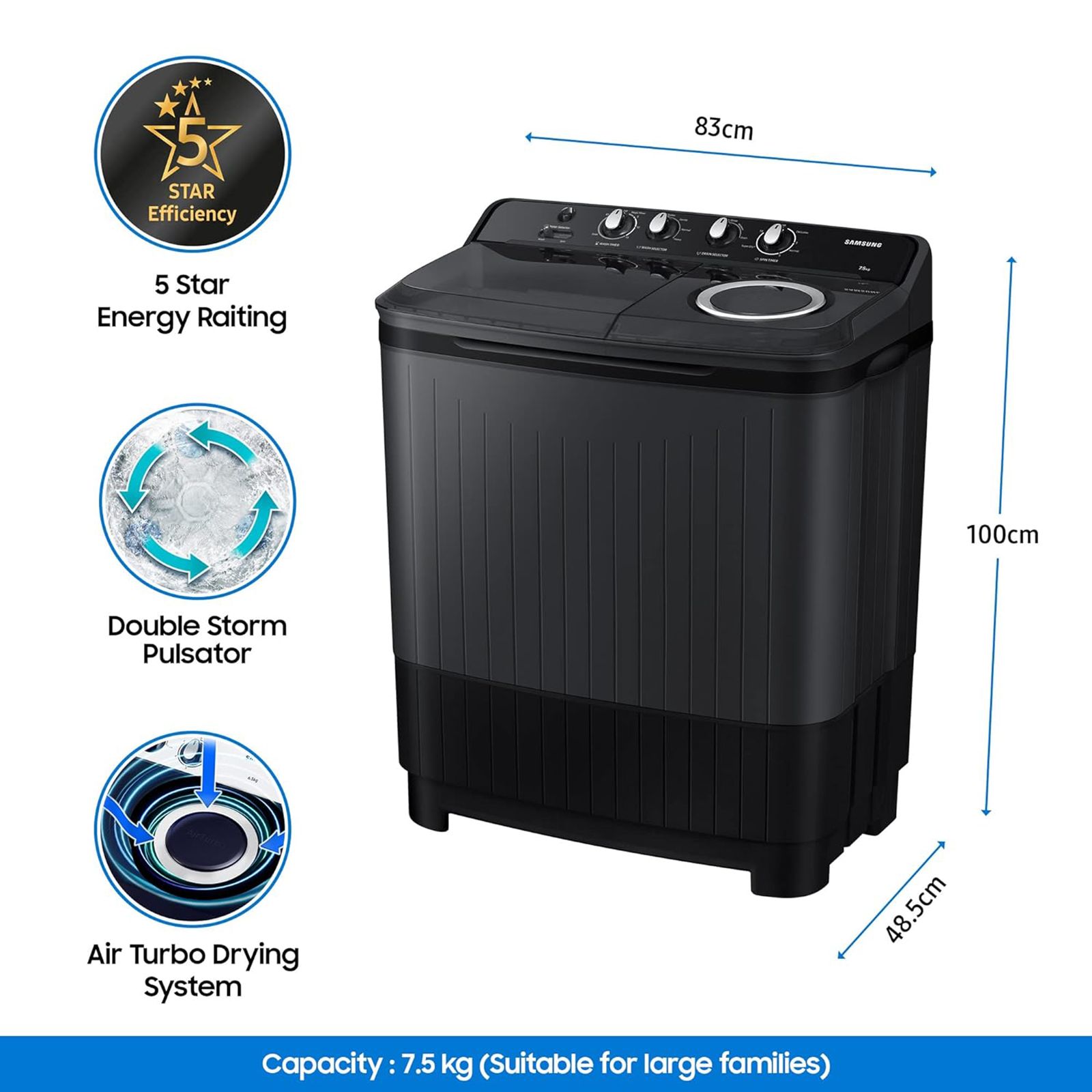 SAMSUNG 7.5 kg 5 Star Semi Automatic Washing Machine with Hexa Storm Pulsator (WT75B3200GD/TL, Dark Grey)_13