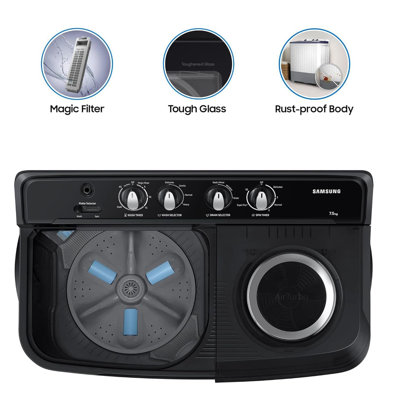 SAMSUNG 7.5 kg 5 Star Semi Automatic Washing Machine with Hexa Storm Pulsator (WT75B3200GD/TL, Dark Grey)_14