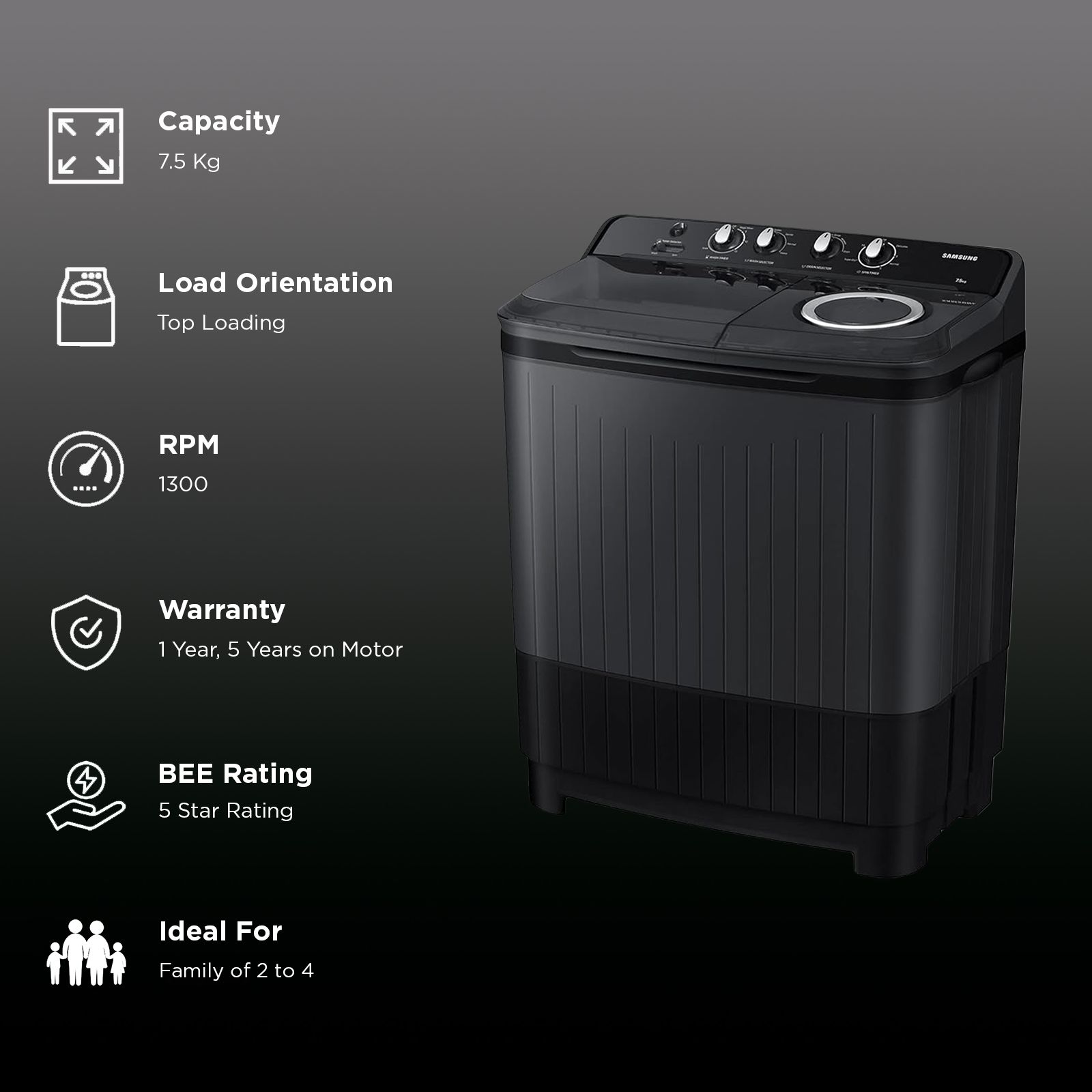 SAMSUNG 7.5 kg 5 Star Semi Automatic Washing Machine with Hexa Storm Pulsator (WT75B3200GD/TL, Dark Grey) SAMSUNG 7.5 kg 5 Star Semi Automatic Washing Machine with Hexa Storm Pulsator (WT75B3200GD/TL, Dark Grey)_2