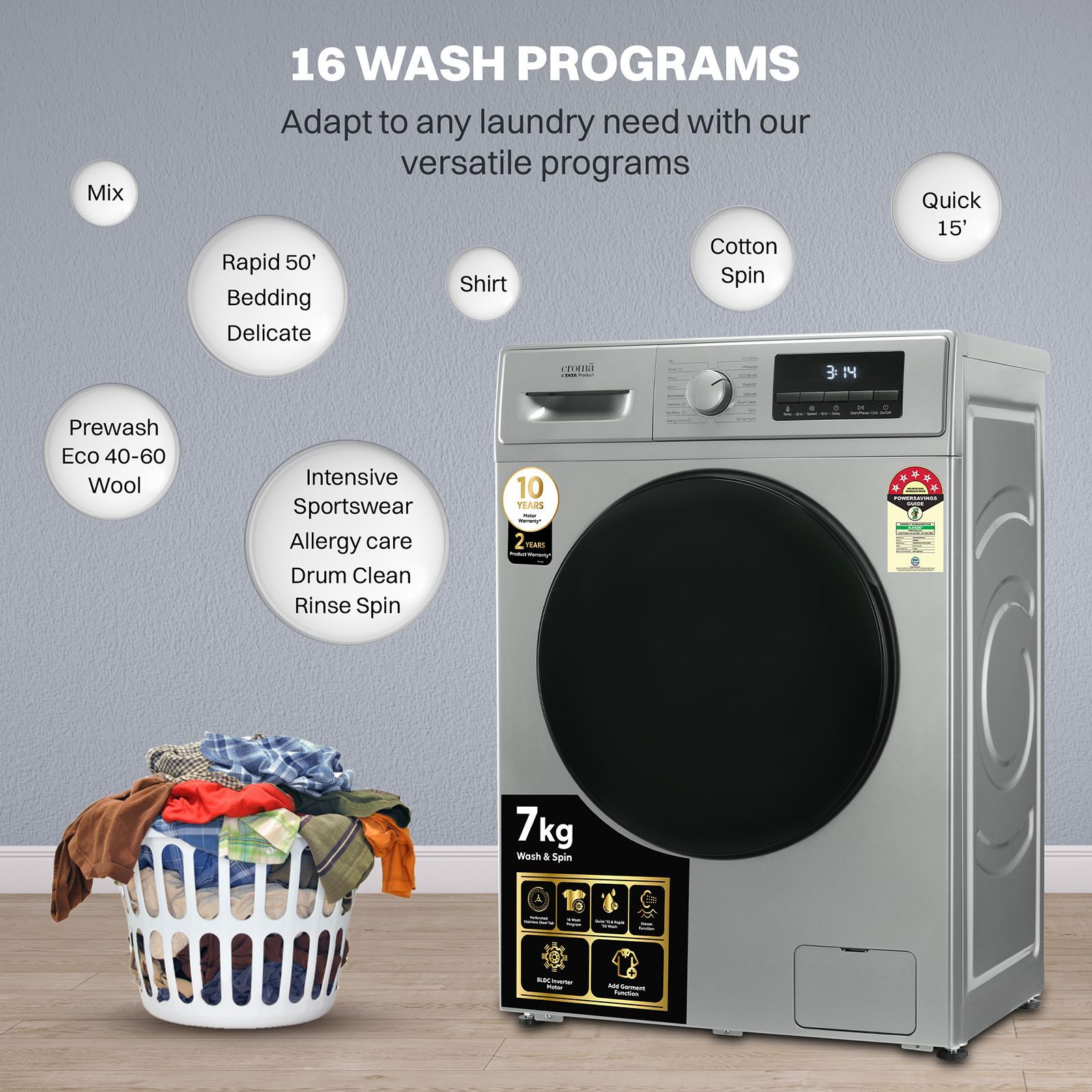 Croma 7 kg 5 Star Fully Automatic Front Load Washing Machine (CRLW070FLF316251, Silver Grey) Croma 7 kg 5 Star Fully Automatic Front Load Washing Machine (CRLW070FLF316251, Silver Grey)_14