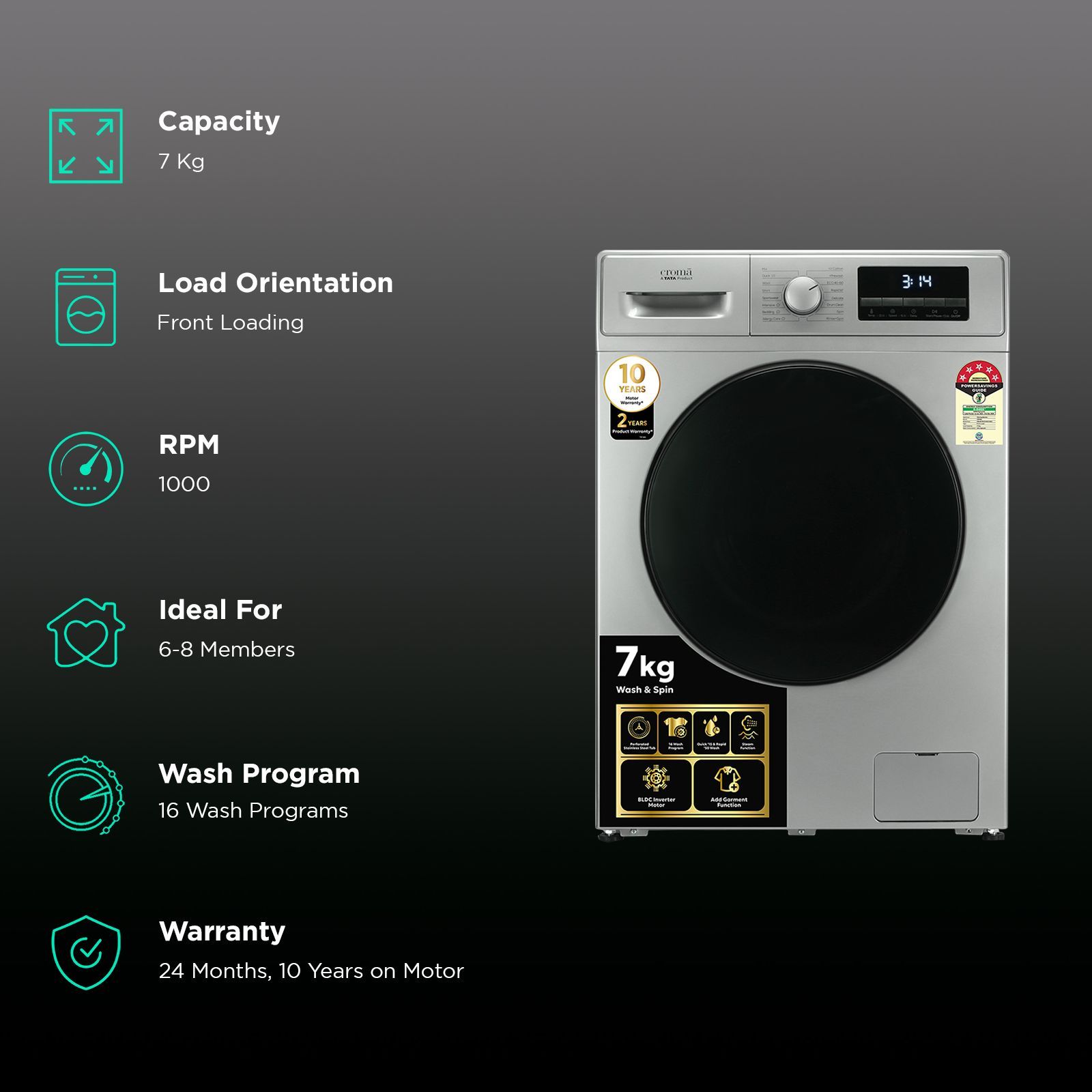 Croma 7 kg 5 Star Fully Automatic Front Load Washing Machine (CRLW070FLF316251, Silver Grey) Croma 7 kg 5 Star Fully Automatic Front Load Washing Machine (CRLW070FLF316251, Silver Grey)_2
