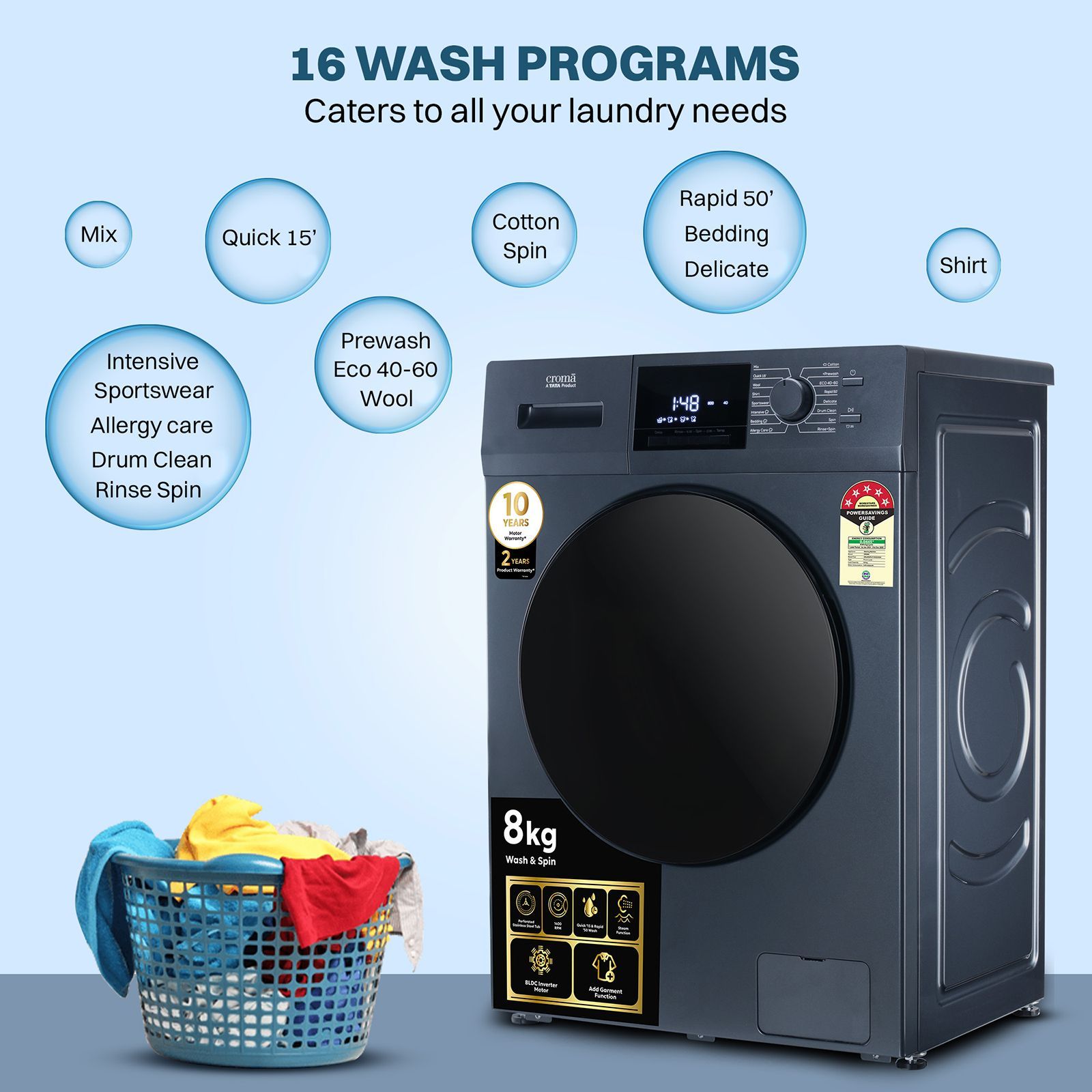 Croma 8 kg 5 Star Inverter Fully Automatic Front Load Washing Machine (CRLW080FLF316252, BLDC Invertor Motor, Polar Blue) Croma 8 kg 5 Star Inverter Fully Automatic Front Load Washing Machine (CRLW080FLF316252, BLDC Invertor Motor, Polar Blue)_13