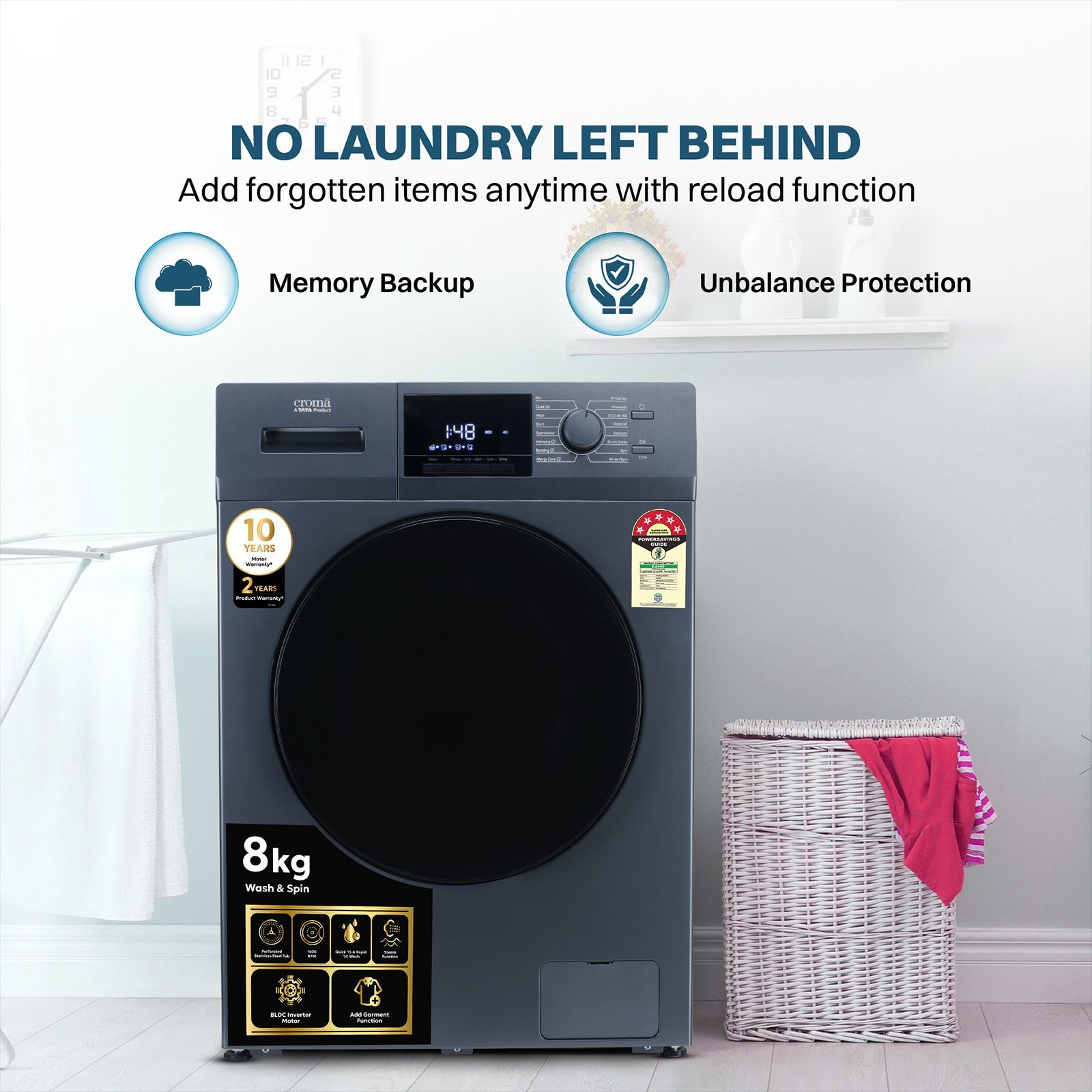 Croma 8 kg 5 Star Inverter Fully Automatic Front Load Washing Machine (CRLW080FLF316252, BLDC Invertor Motor, Polar Blue) Croma 8 kg 5 Star Inverter Fully Automatic Front Load Washing Machine (CRLW080FLF316252, BLDC Invertor Motor, Polar Blue)_15