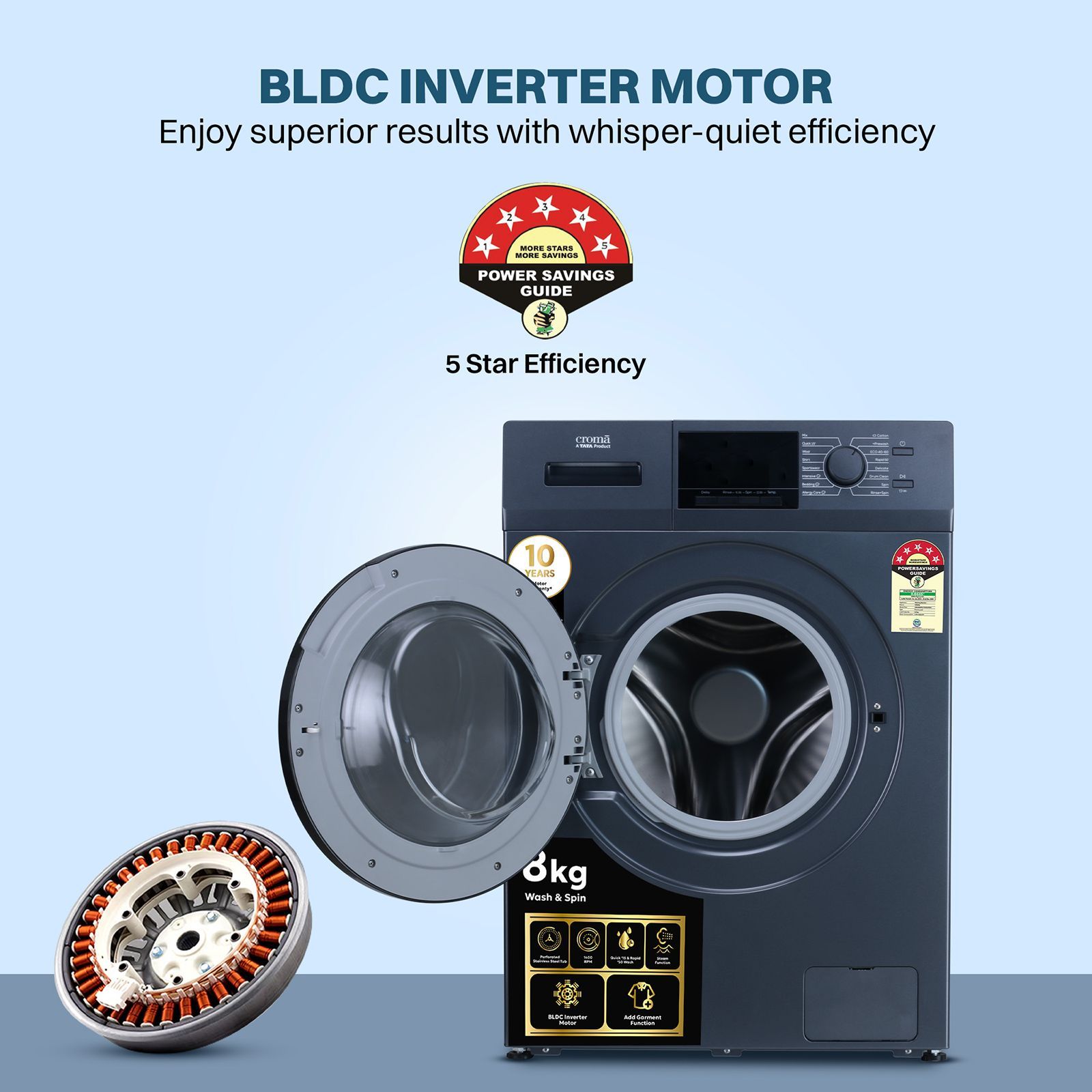 Croma 8 kg 5 Star Inverter Fully Automatic Front Load Washing Machine (CRLW080FLF316252, BLDC Invertor Motor, Polar Blue) Croma 8 kg 5 Star Inverter Fully Automatic Front Load Washing Machine (CRLW080FLF316252, BLDC Invertor Motor, Polar Blue)_16