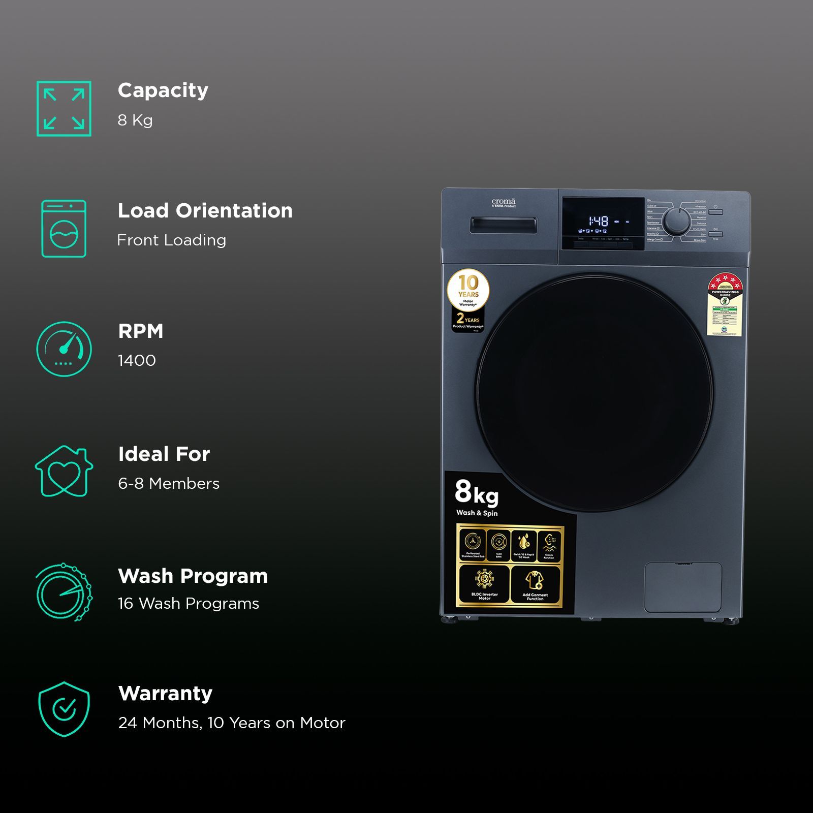 Croma 8 kg 5 Star Inverter Fully Automatic Front Load Washing Machine (CRLW080FLF316252, BLDC Invertor Motor, Polar Blue) Croma 8 kg 5 Star Inverter Fully Automatic Front Load Washing Machine (CRLW080FLF316252, BLDC Invertor Motor, Polar Blue)_2