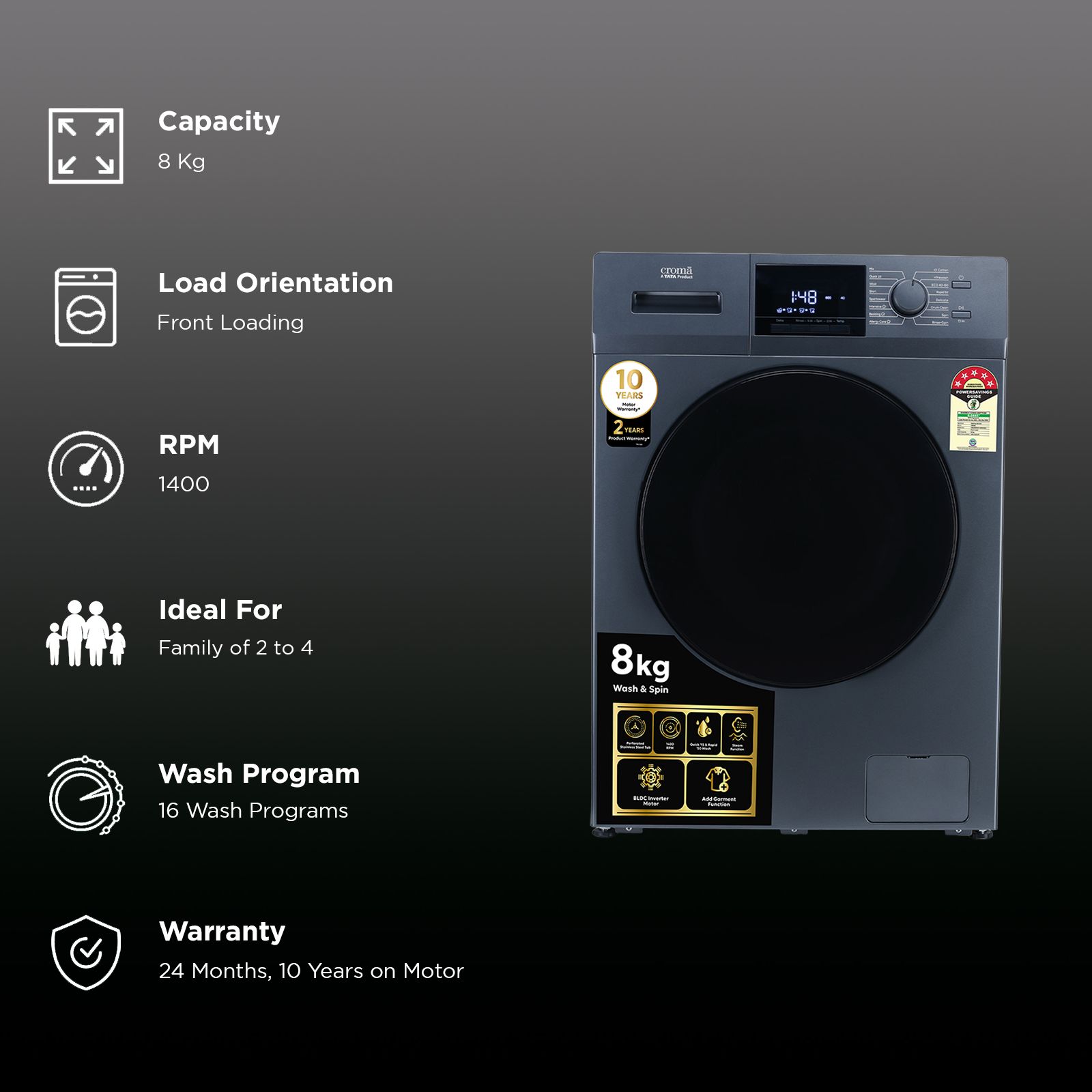 Croma 8 kg 5 Star Inverter Fully Automatic Front Load Washing Machine (CRLW080FLF316252, BLDC Invertor Motor, Polar Blue)_2