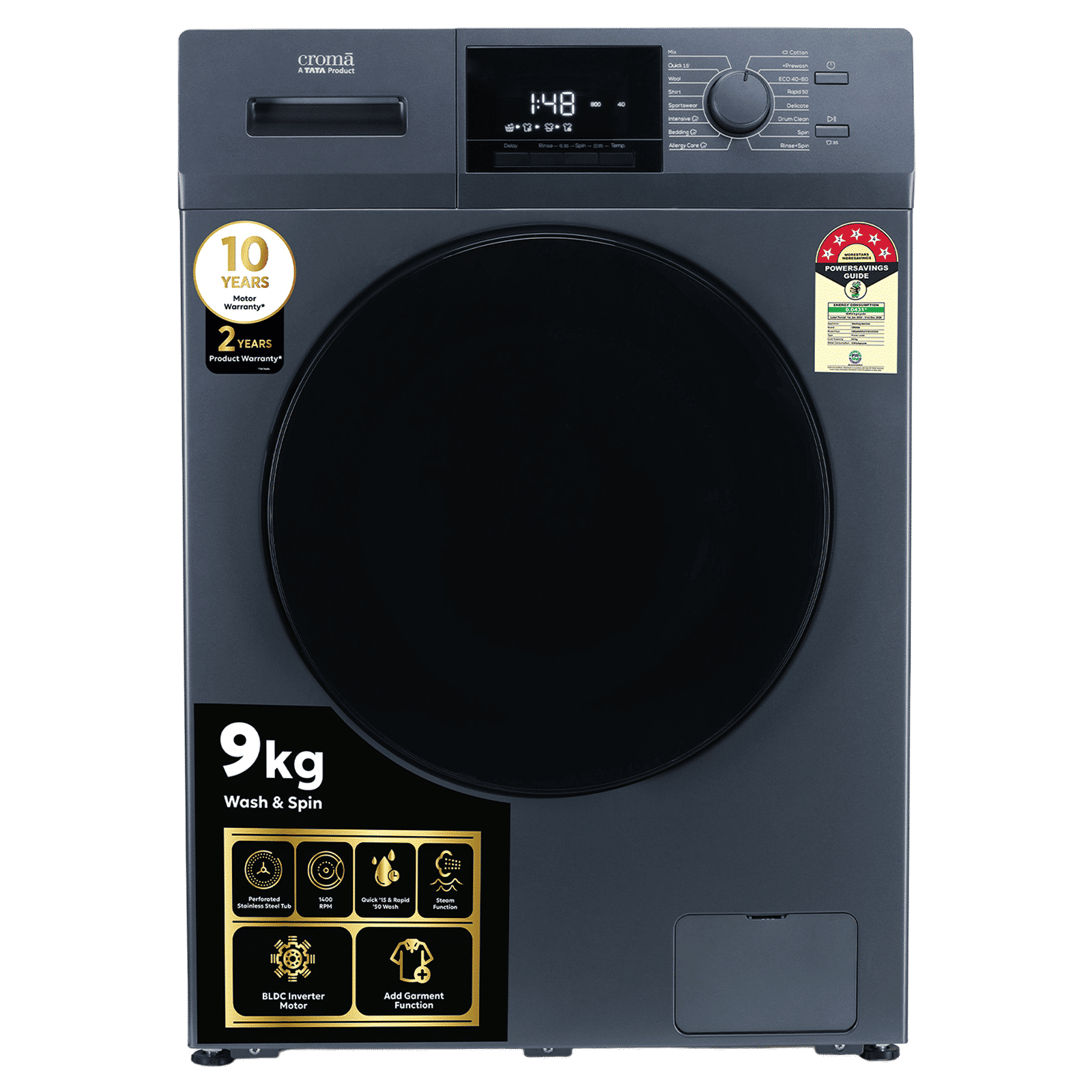 Croma 9 kg 5 Star Inverter Fully Automatic Front Load Washing Machine (CRLW090FLF316253, BLDC Invertor Motor, Polar Blue) Croma 9 kg 5 Star Inverter Fully Automatic Front Load Washing Machine (CRLW090FLF316253, BLDC Invertor Motor, Polar Blue)_1