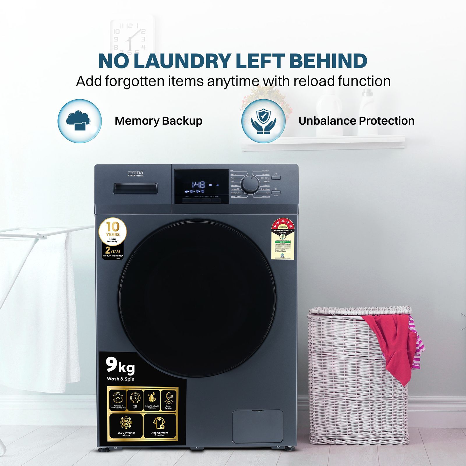 Croma 9 kg 5 Star Inverter Fully Automatic Front Load Washing Machine (CRLW090FLF316253, BLDC Invertor Motor, Polar Blue) Croma 9 kg 5 Star Inverter Fully Automatic Front Load Washing Machine (CRLW090FLF316253, BLDC Invertor Motor, Polar Blue)_14