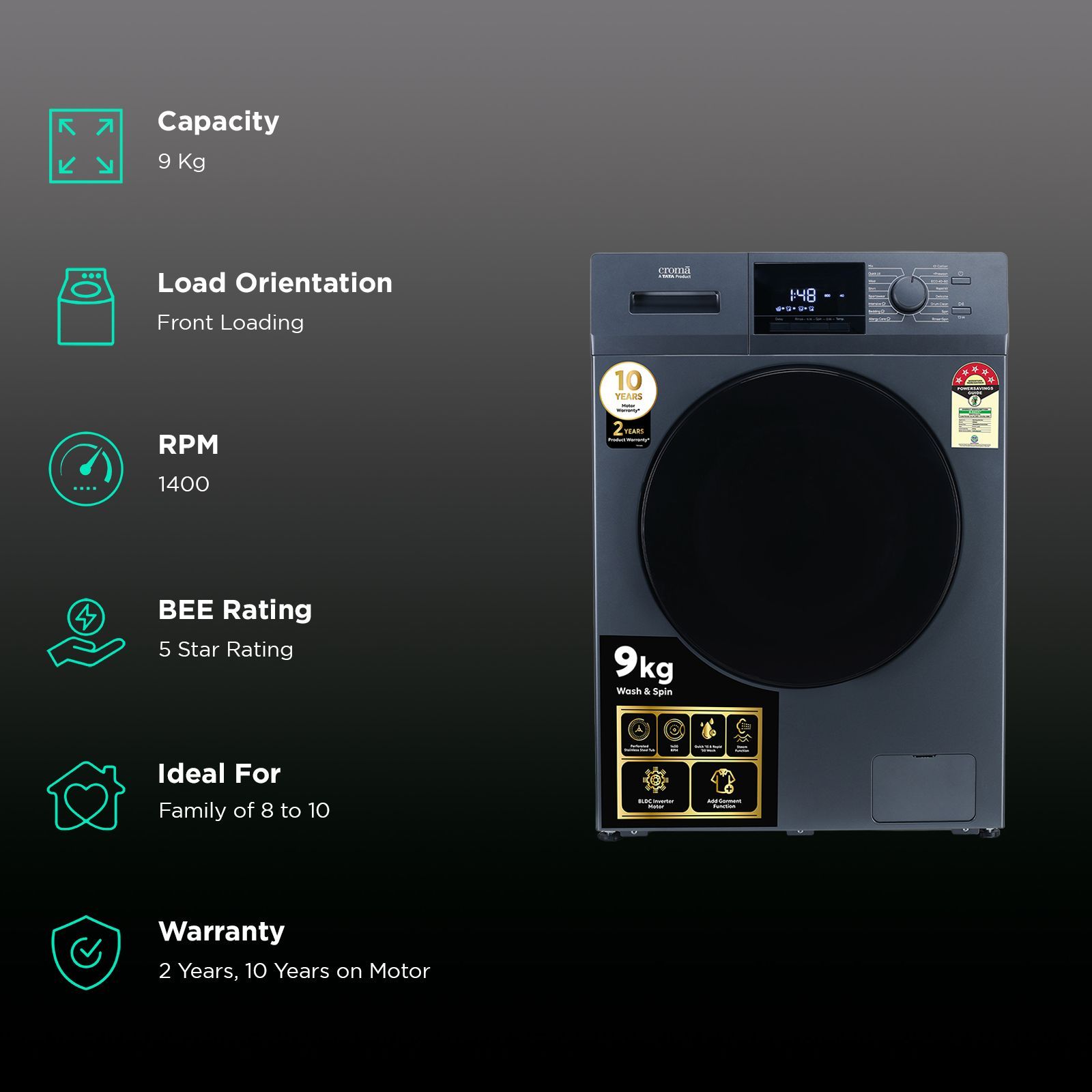 Croma 9 kg 5 Star Inverter Fully Automatic Front Load Washing Machine (CRLW090FLF316253, BLDC Invertor Motor, Polar Blue) Croma 9 kg 5 Star Inverter Fully Automatic Front Load Washing Machine (CRLW090FLF316253, BLDC Invertor Motor, Polar Blue)_2