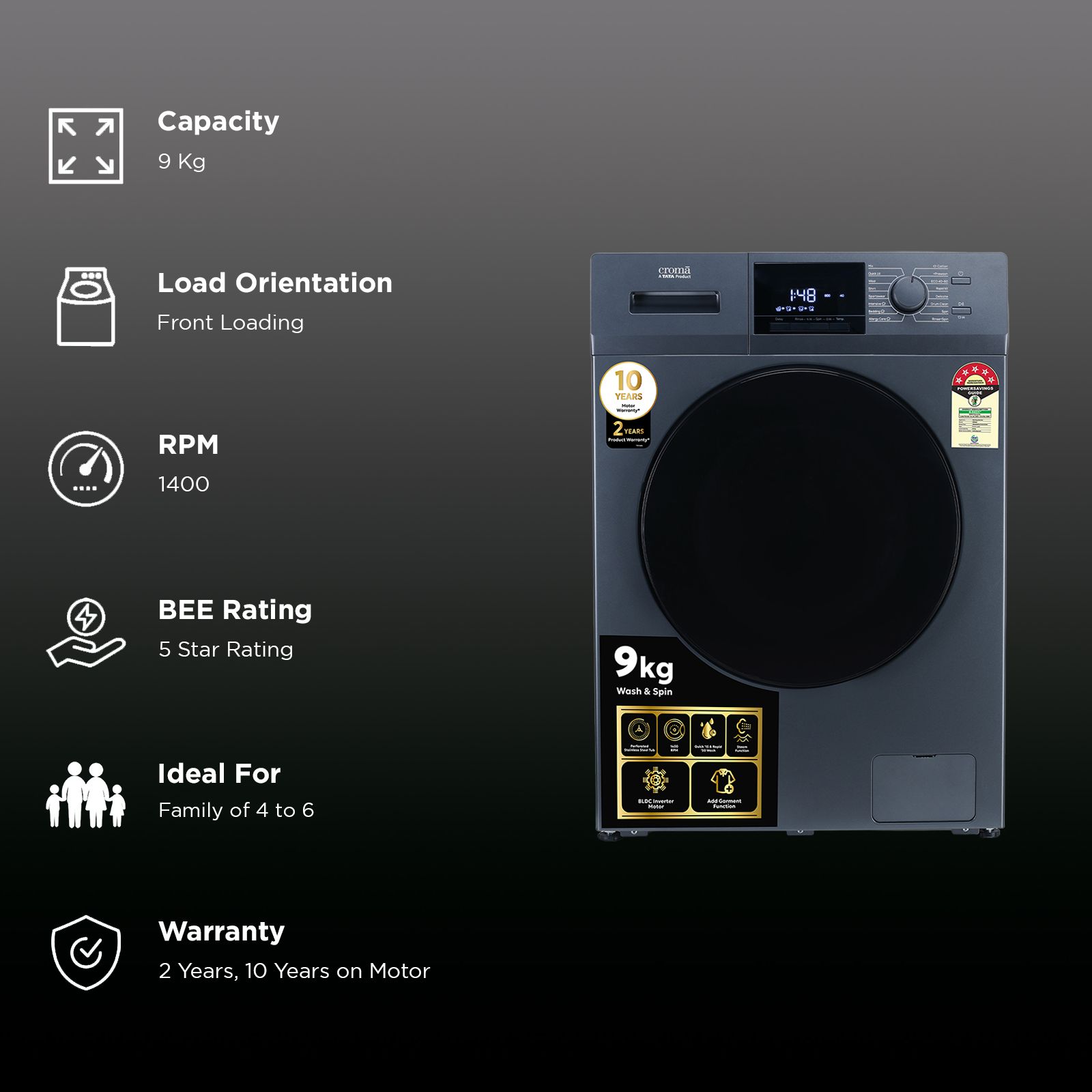 Croma 9 kg 5 Star Inverter Fully Automatic Front Load Washing Machine (CRLW090FLF316253, BLDC Invertor Motor, Polar Blue)_2