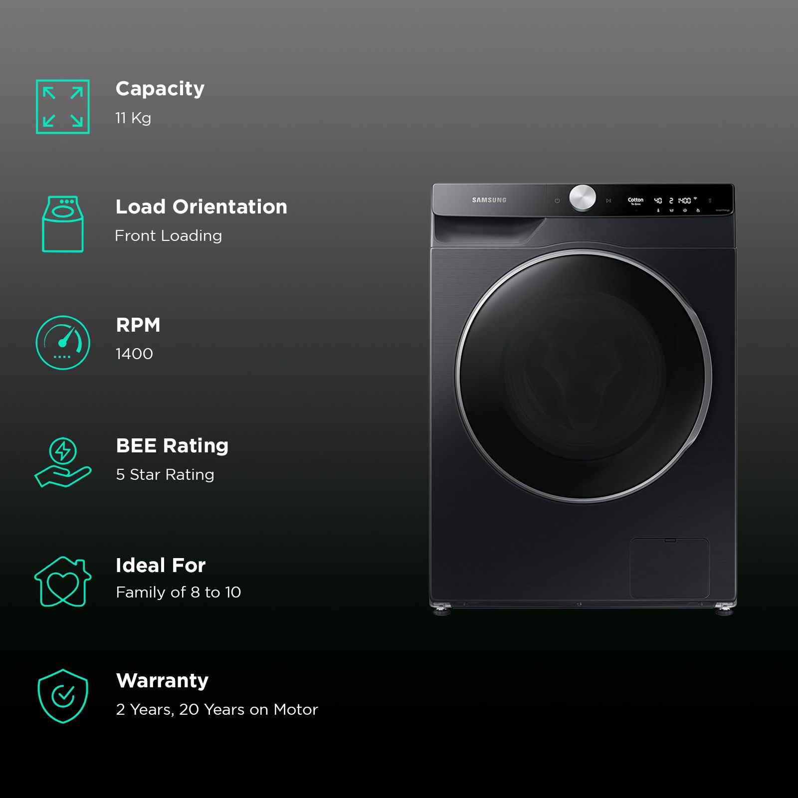 SAMSUNG 11 kg 5 Star Wi-Fi Inverter Fully Automatic Front Load Washing Machine (WW11CGP44DSBTL, Bubble Technology, Black Caviar)_2