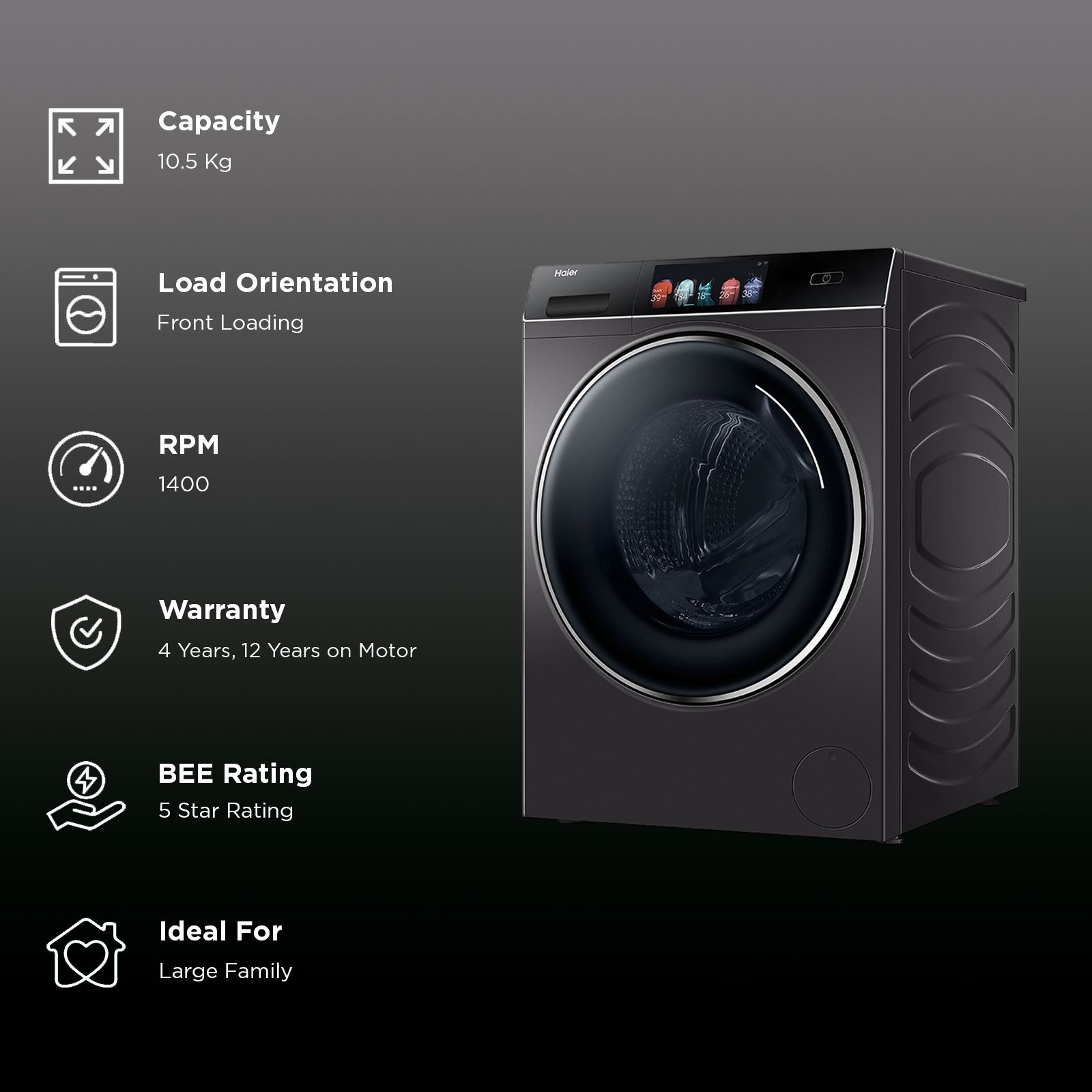 Haier 10.5 kg 5 Star Fully Automatic Front Load Washing Machine (HW105-B14959S8U1, Pillow Shape Drum, Dark Jade Silver)_2