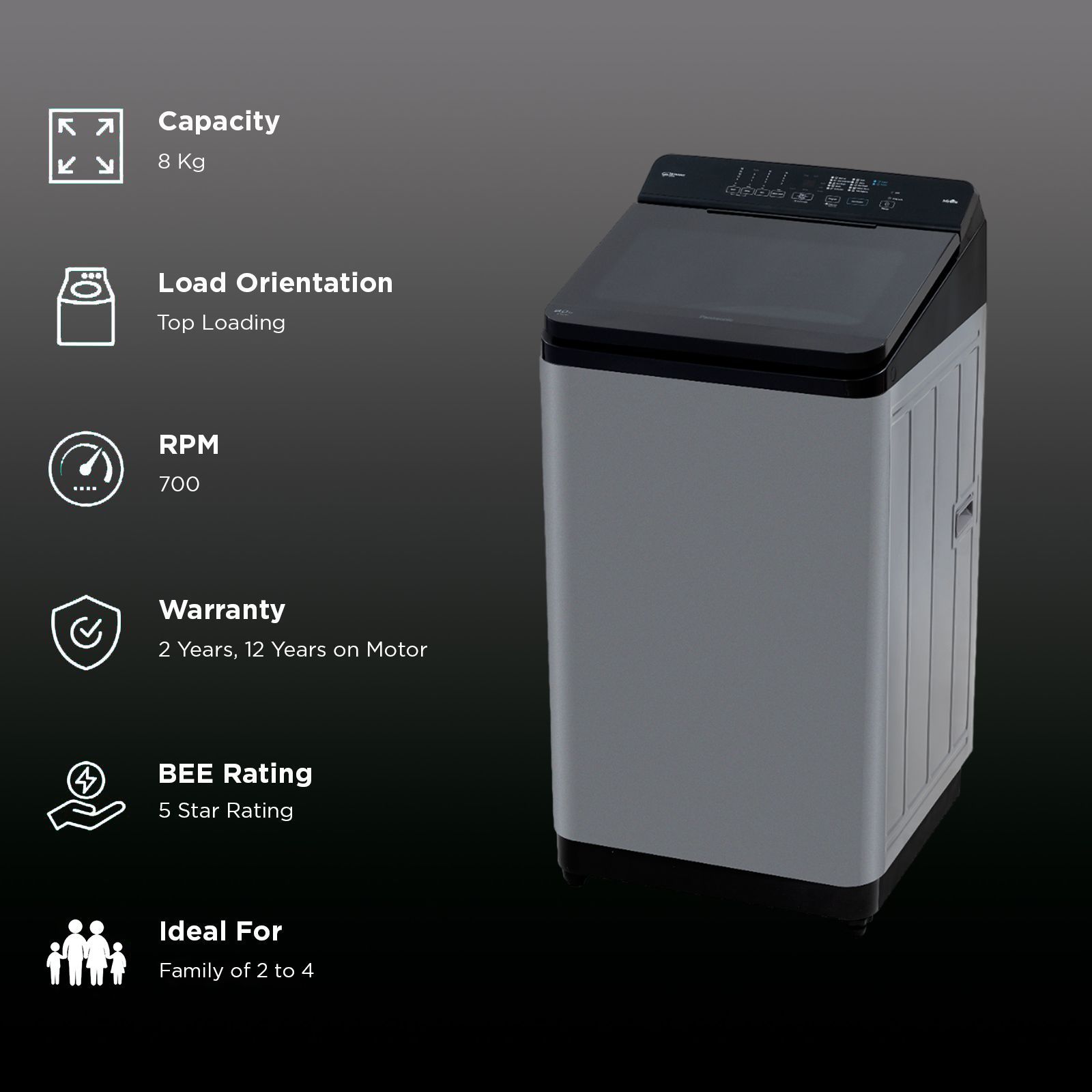 Panasonic 8 kg 5 Star Wi-Fi Fully Automatic Top Load Washing Machine (NA-F80X11CRB, Weather Alert & Recommendation, Charcoal Inox Grey)_2