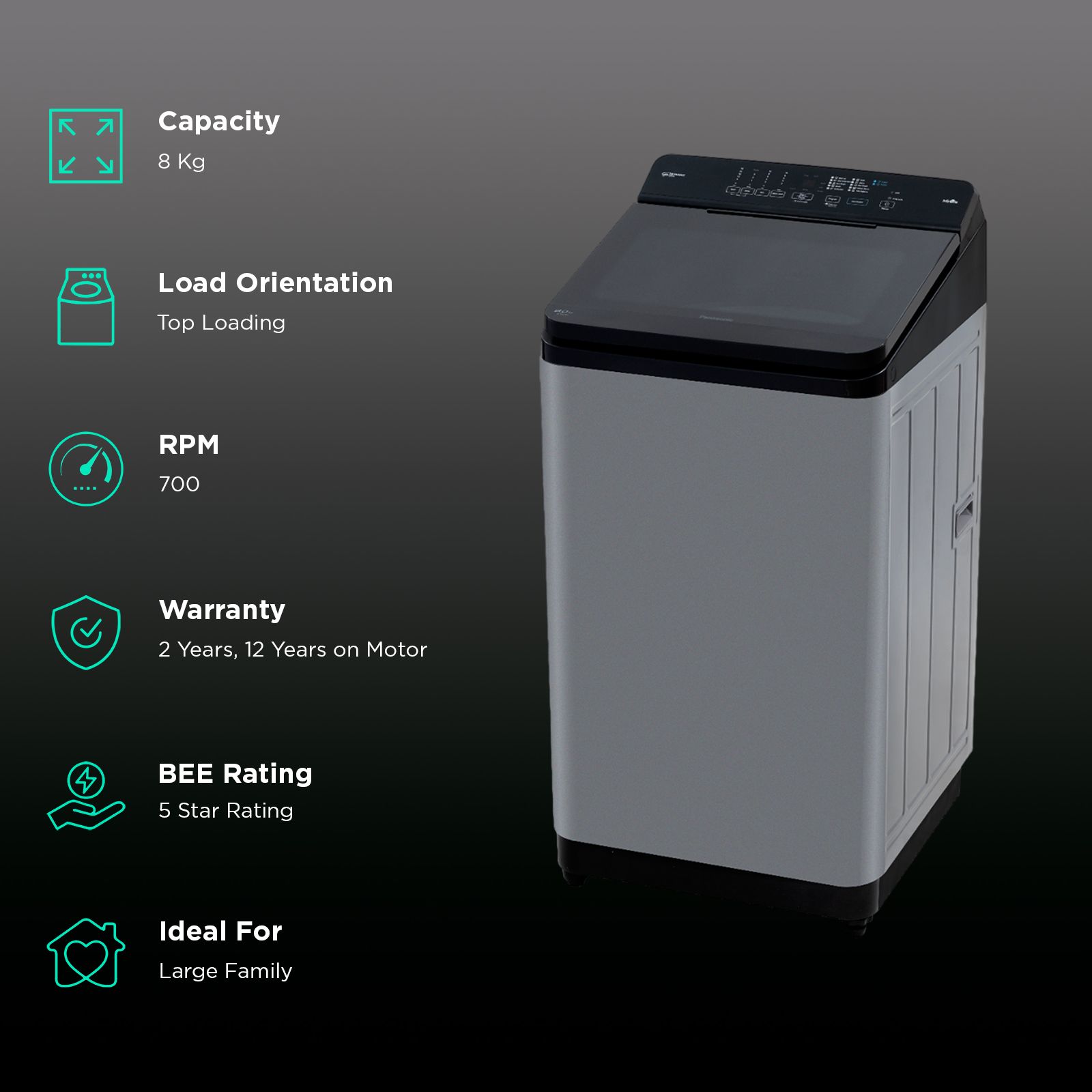 Panasonic 8 kg 5 Star Wi-Fi Fully Automatic Top Load Washing Machine (NA-F80X11CRB, Weather Alert & Recommendation, Charcoal Inox Grey)_2