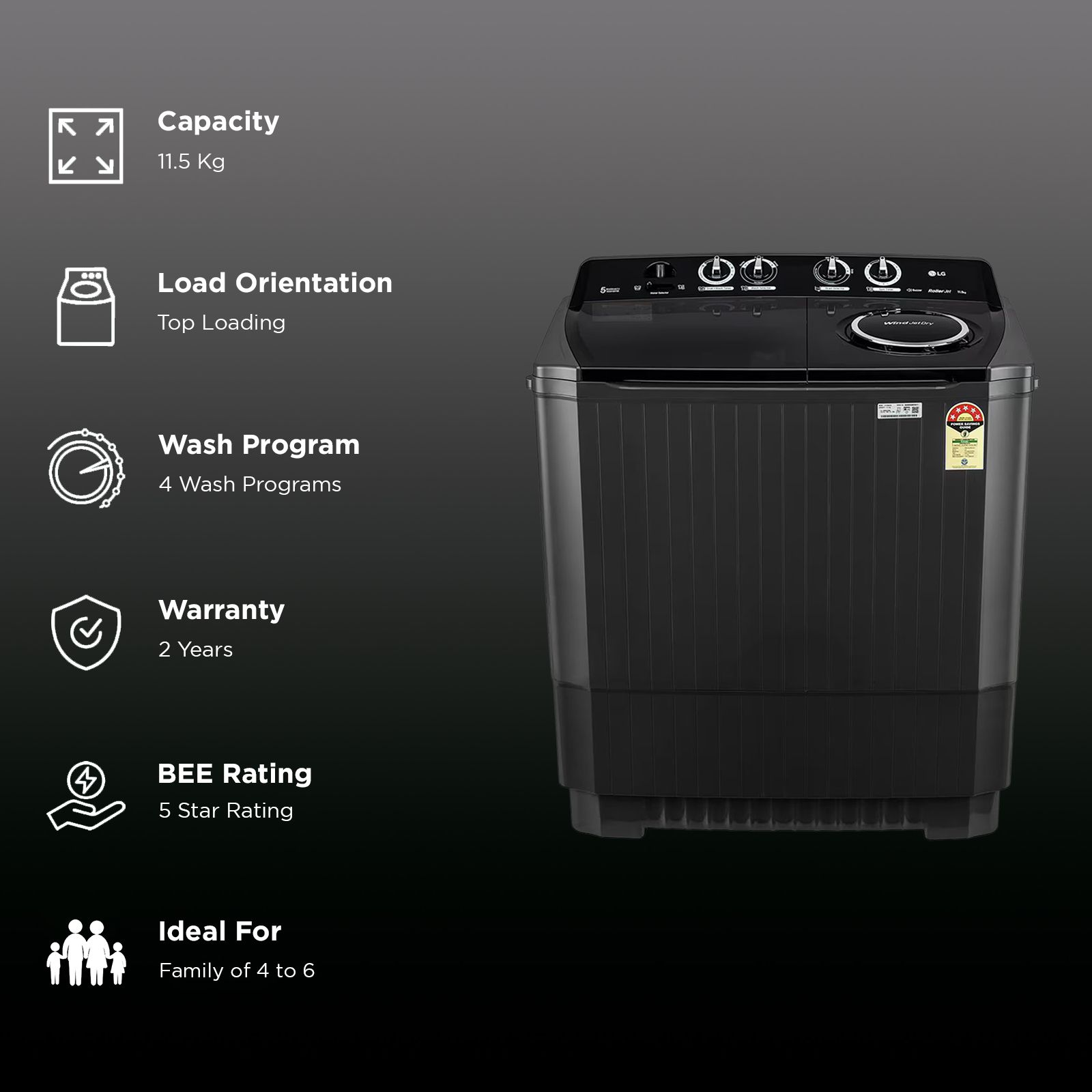 LG 11.5 kg 5 Star Semi Automatic Washing Machine with Wind Jet Dry Technology (P115ASLAZ, Full Black)_2