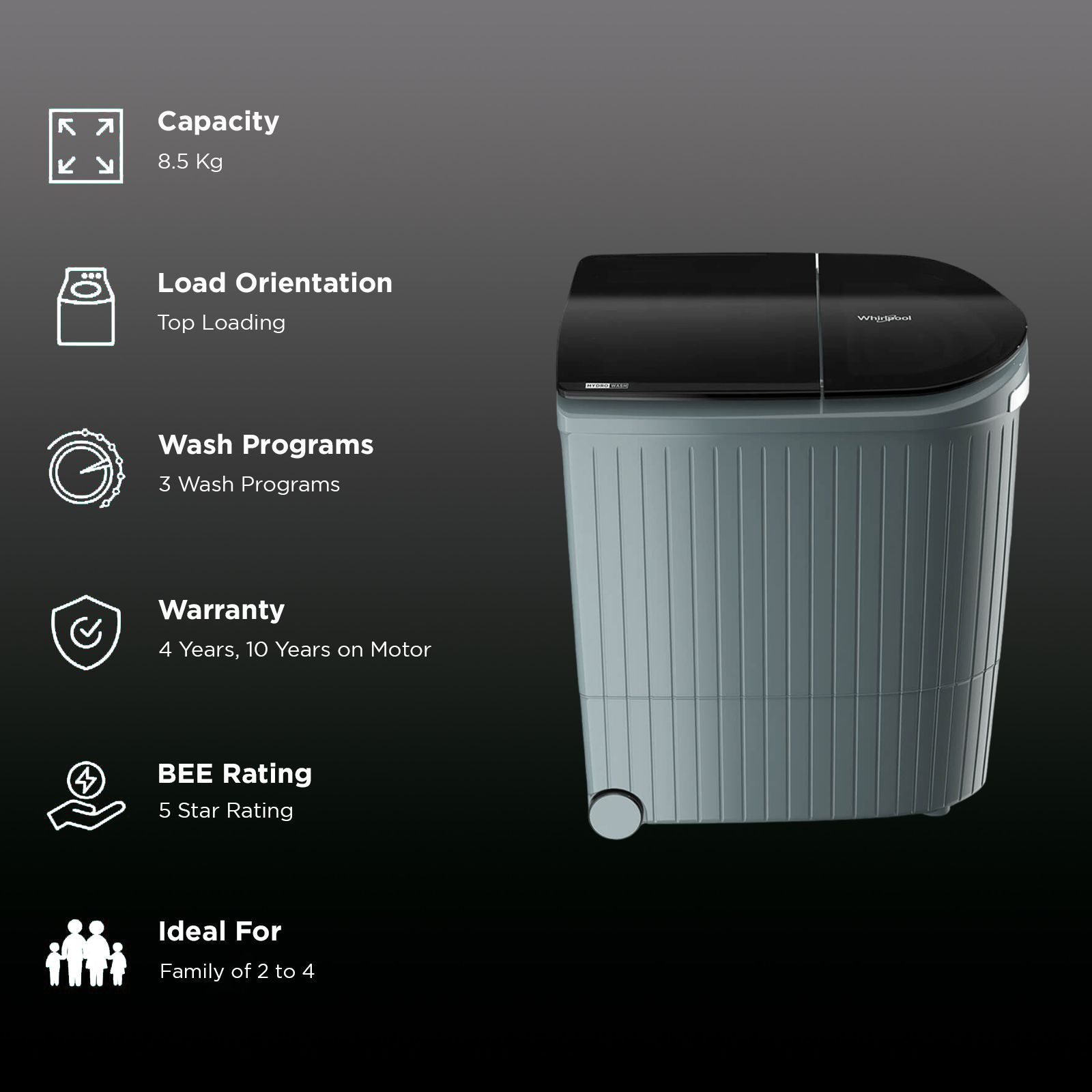 Whirlpool 8.5 kg 5 Star Semi Automatic Washing Machine with 3D Lint Filter (Hydrowash Premier, 30341, Silver Mint)_2