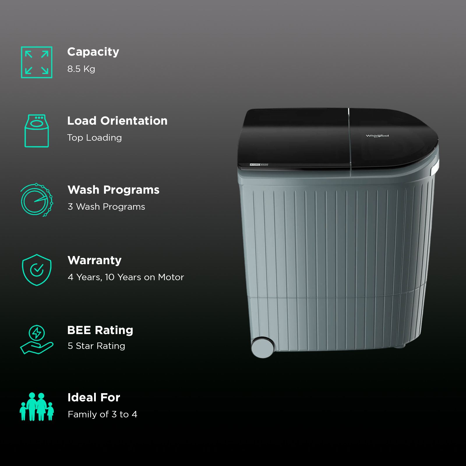 Whirlpool 8.5 kg 5 Star Semi Automatic Washing Machine with 3D Lint Filter (Hydrowash Premier, 30341, Silver Mint) Whirlpool 8.5 kg 5 Star Semi Automatic Washing Machine with 3D Lint Filter (Hydrowash Premier, 30341, Silver Mint)_2