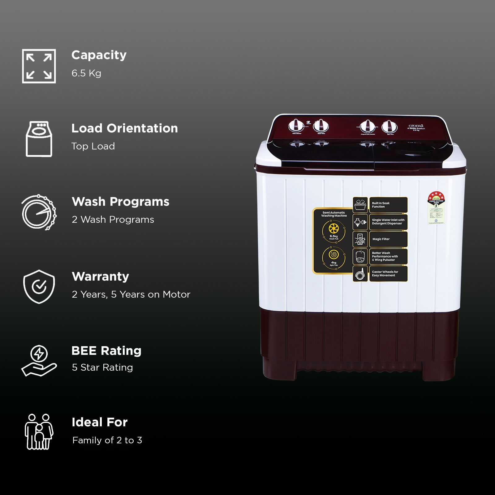 Croma 6.5 kg 5 Star Semi Automatic Washing Machine with Built-in Soak Function (2025 Model, Burgundy) Croma 6.5 kg 5 Star Semi Automatic Washing Machine with Built-in Soak Function (2025 Model, Burgundy)_2